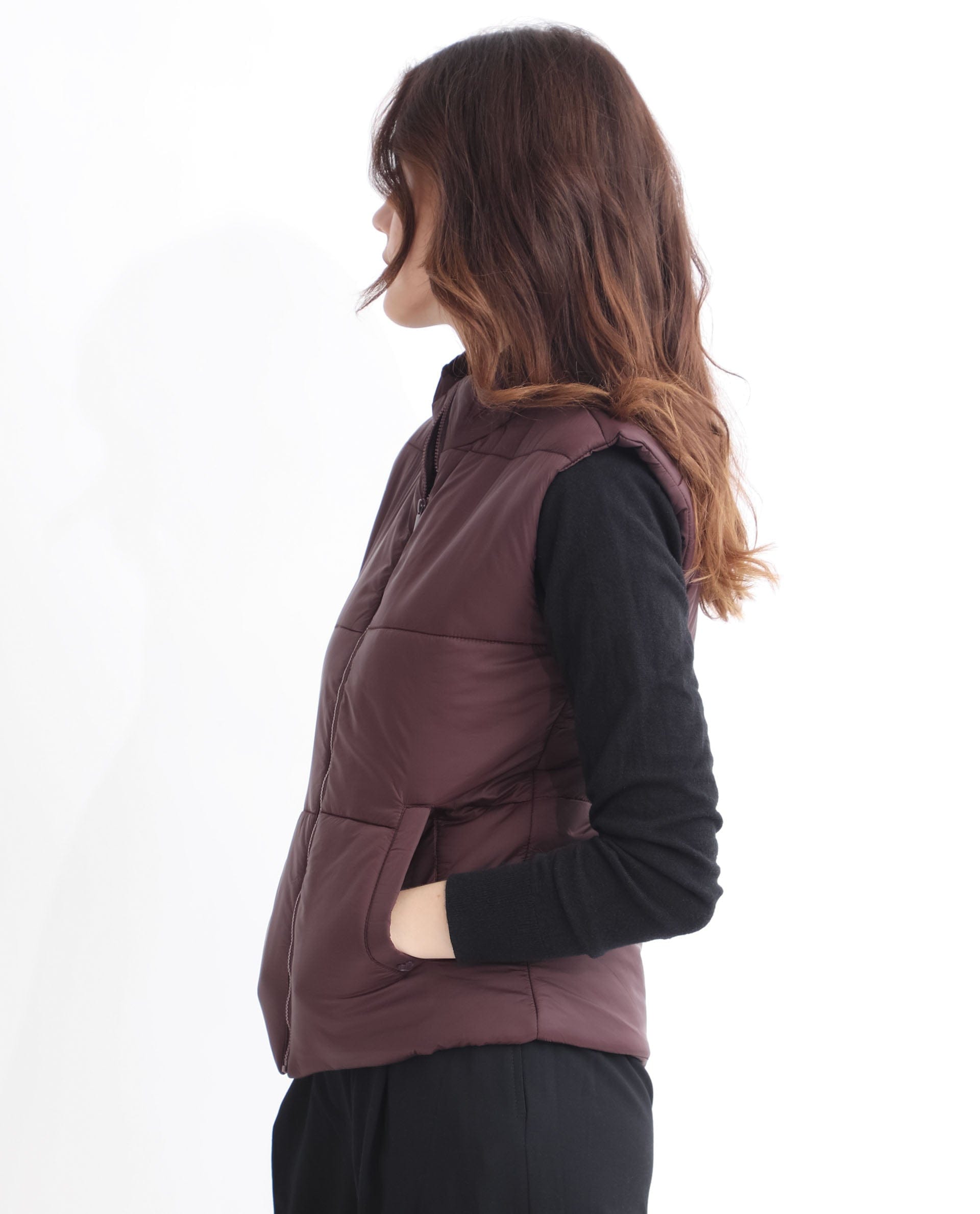 Rareism Women's Glasha Sl Maroon Polyester High Neck Plain Sleeveless Regular Fit Jacket