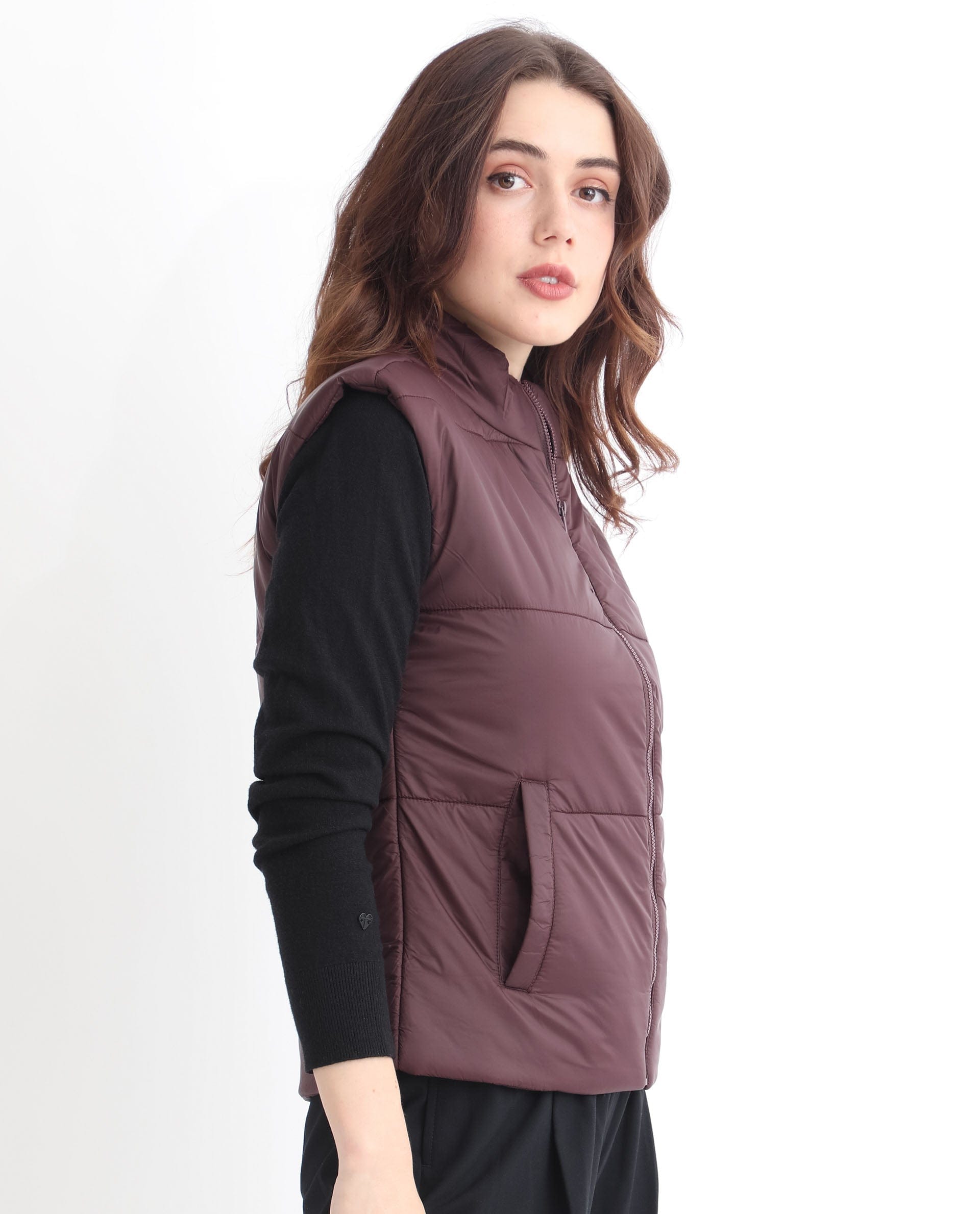 Rareism Women's Glasha Sl Maroon Polyester High Neck Plain Sleeveless Regular Fit Jacket