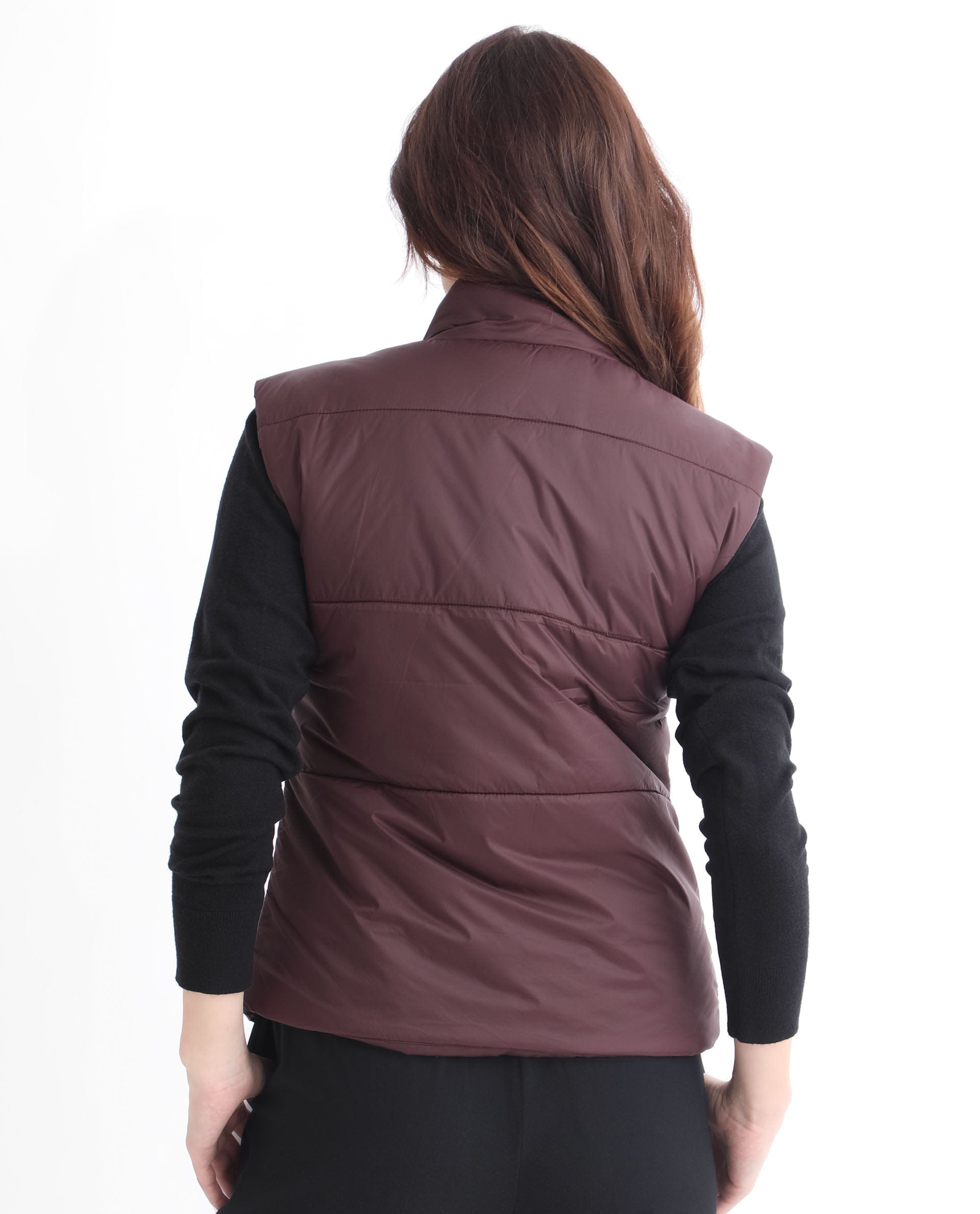 Rareism Women's Glasha Sl Maroon Polyester High Neck Plain Sleeveless Regular Fit Jacket