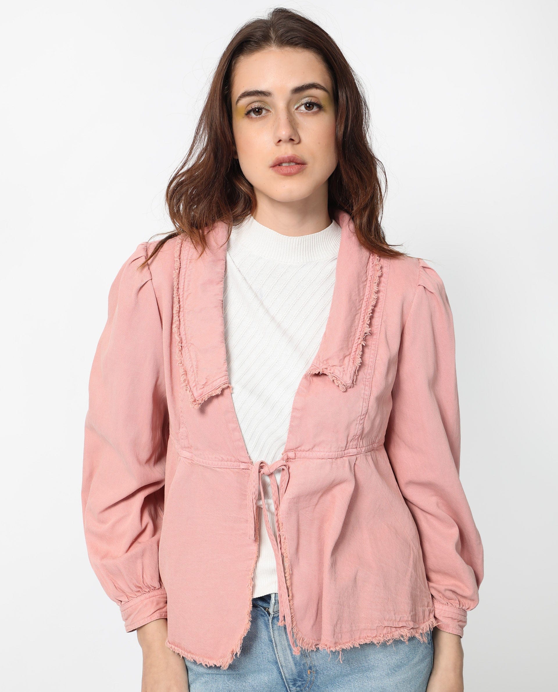 Rareism Women's Reism Light Pink Cotton Blend Lapel Neck Plain Boxy Fit Shrug