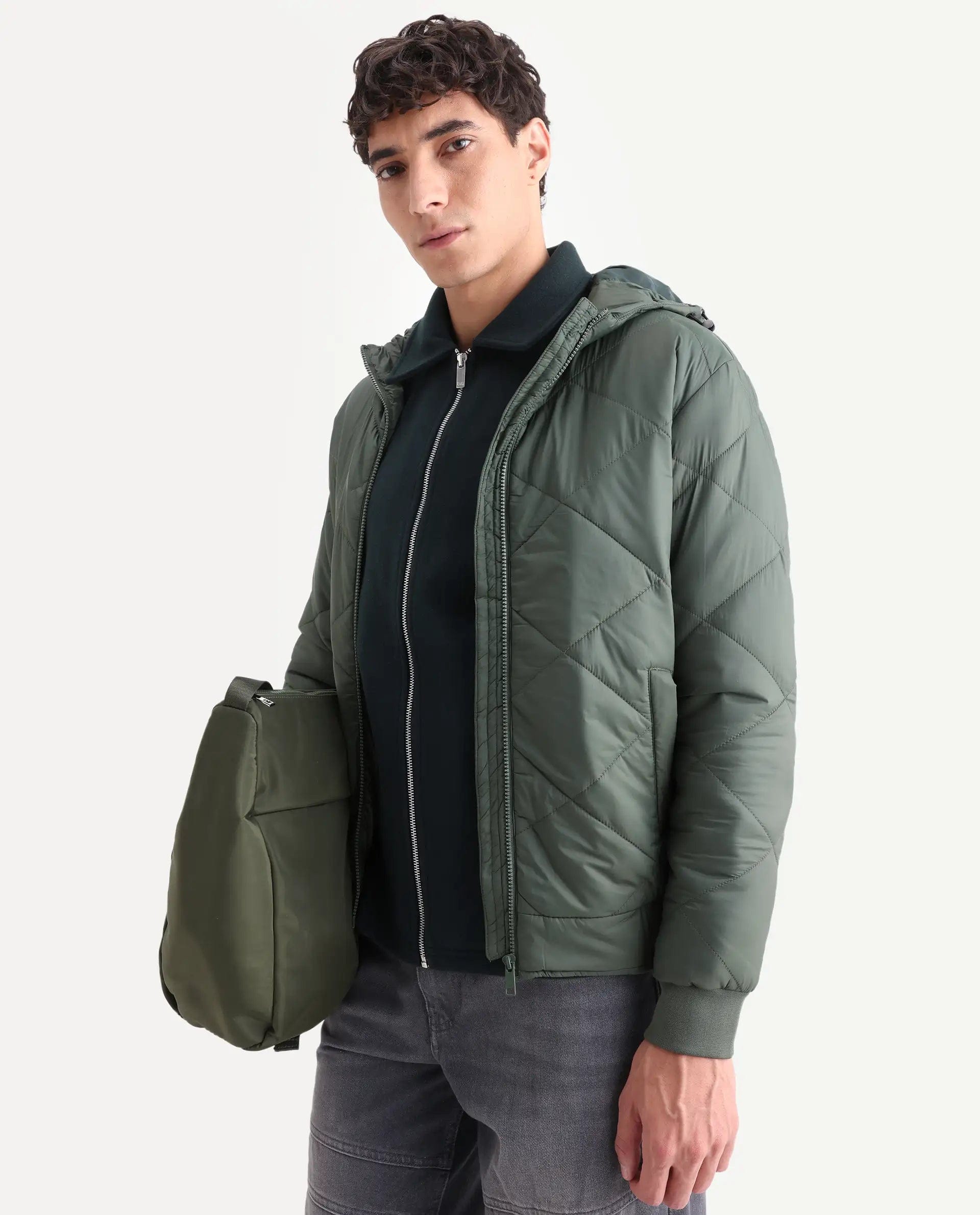 RARE Rabbit Men's Parco Dark Green Nylon Plain Regular Fit Full Sleeve Hooded Jacket