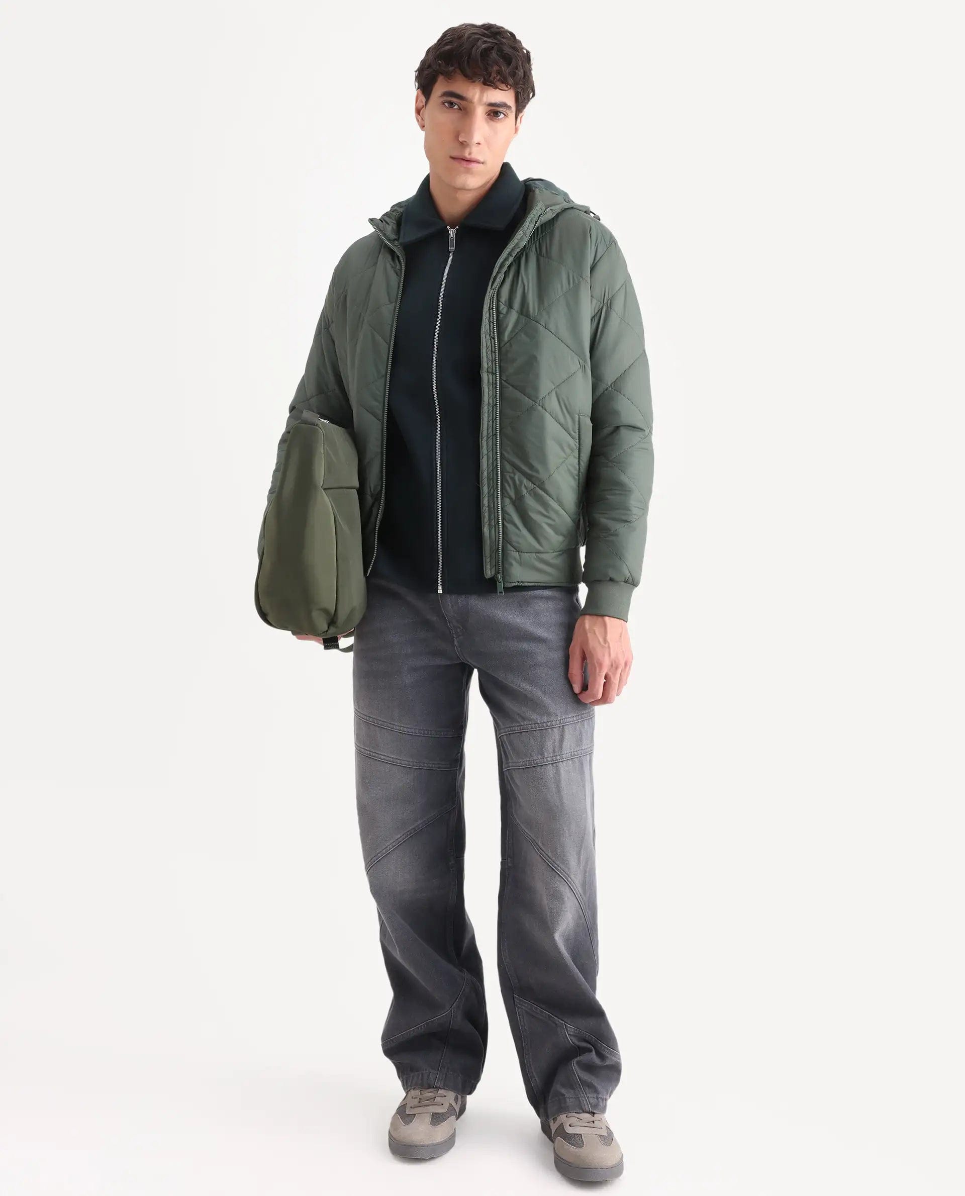 RARE Rabbit Men's Parco Dark Green Nylon Plain Regular Fit Full Sleeve Hooded Jacket