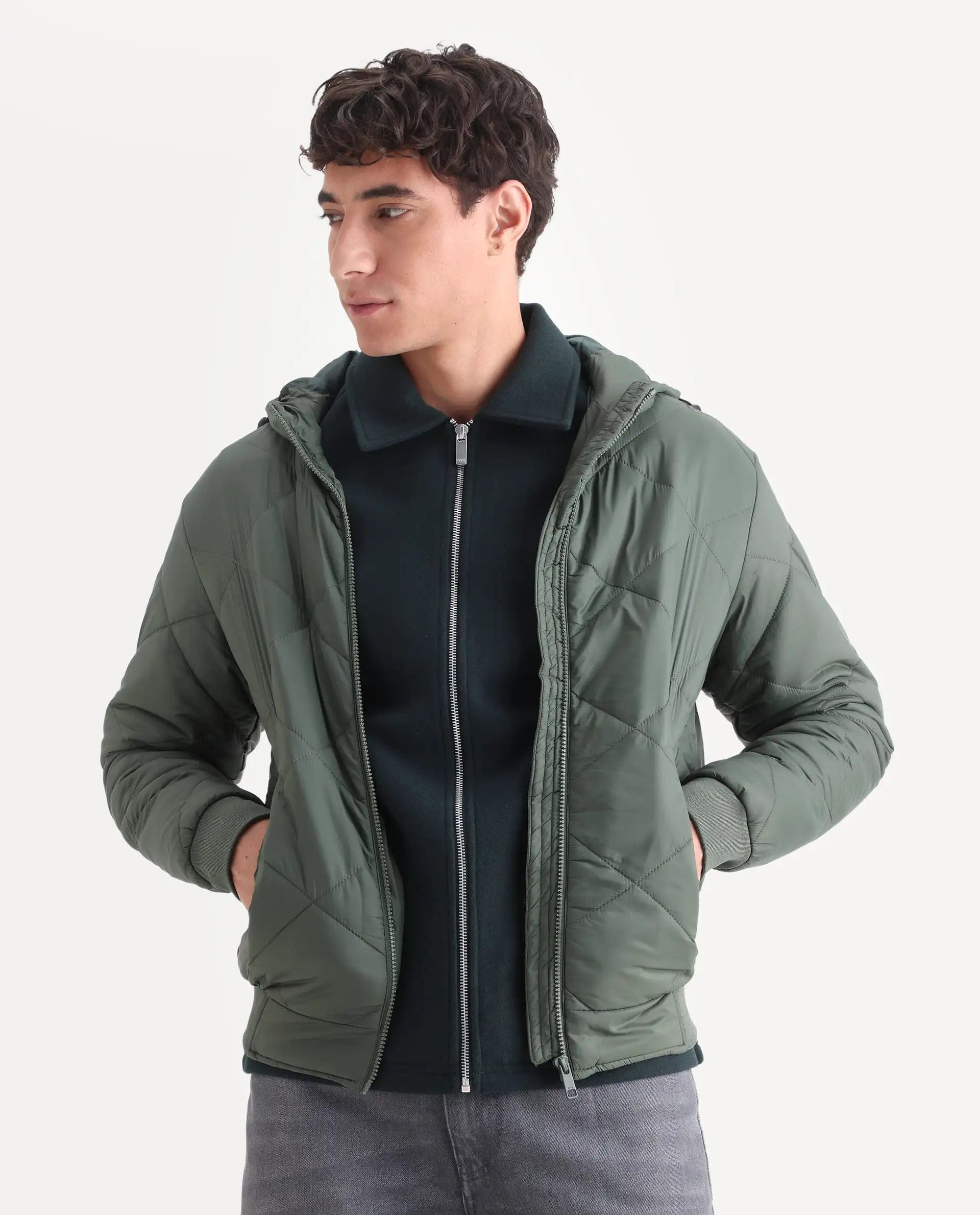 RARE Rabbit Men's Parco Dark Green Nylon Plain Regular Fit Full Sleeve Hooded Jacket