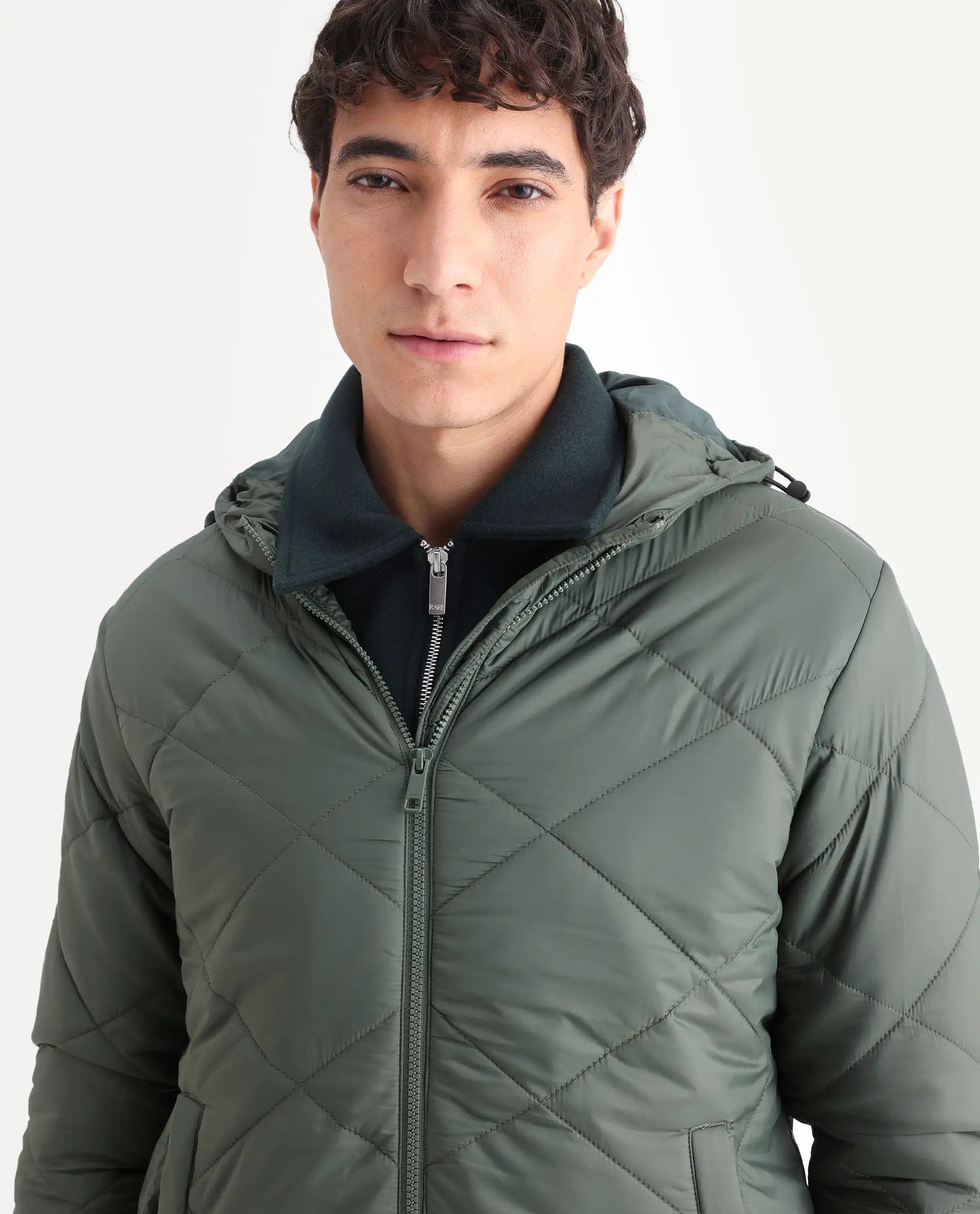 RARE Rabbit Men's Parco Dark Green Nylon Plain Regular Fit Full Sleeve Hooded Jacket