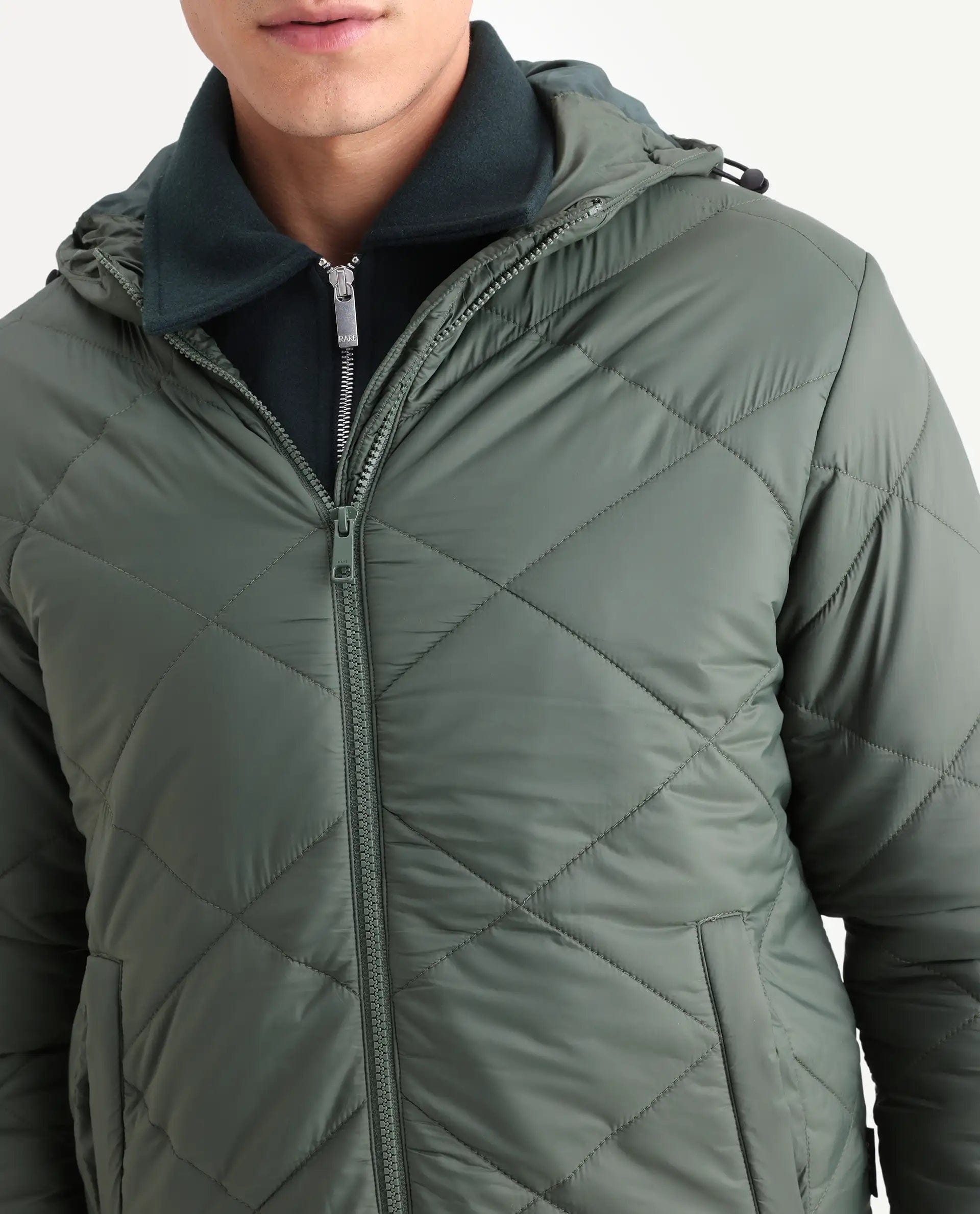 RARE Rabbit Men's Parco Dark Green Nylon Plain Regular Fit Full Sleeve Hooded Jacket
