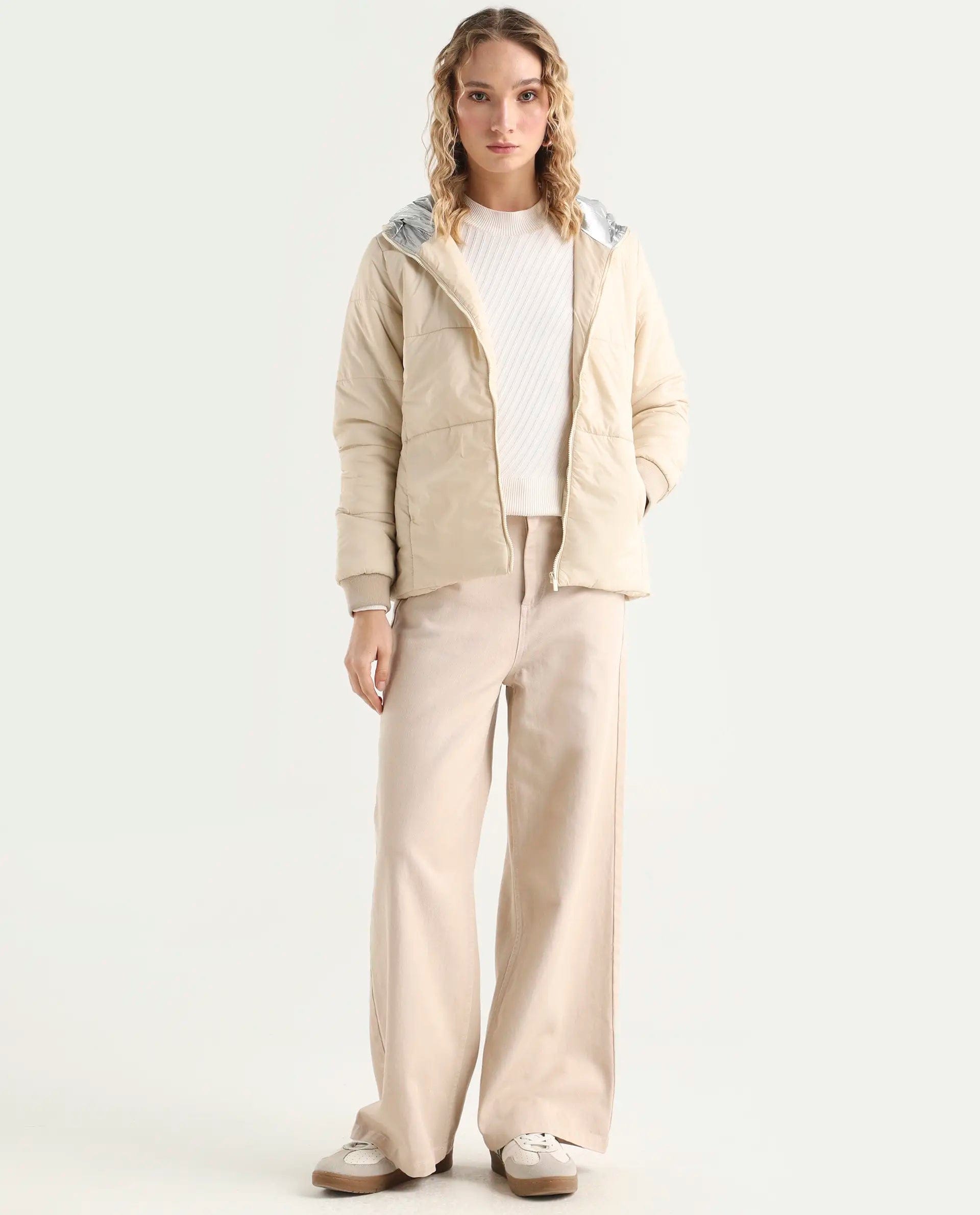 Rareism Women's Glasha Hls Beige Polyester Hooded Plain Regular Fit Jacket