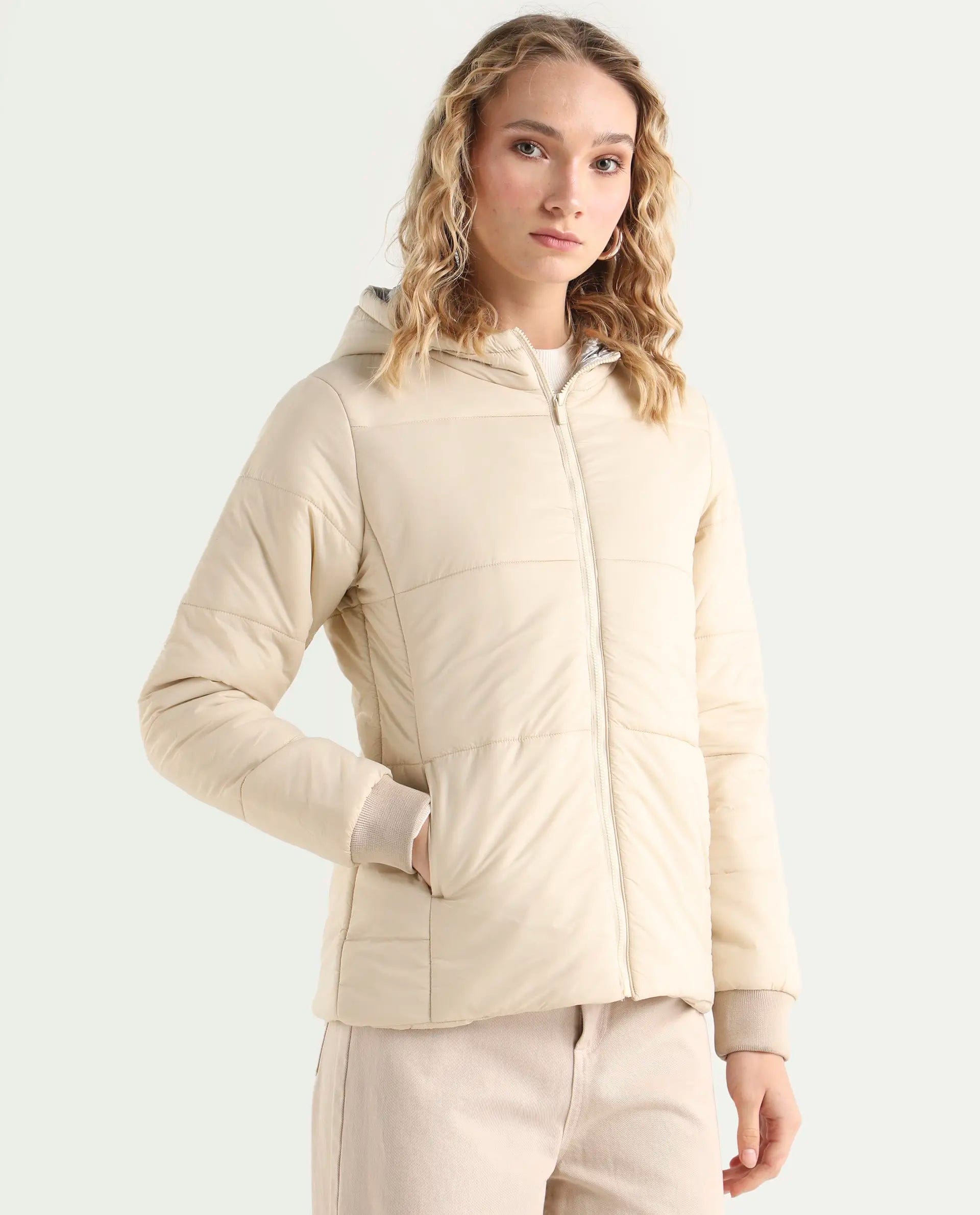 Rareism Women's Glasha Hls Beige Polyester Hooded Plain Regular Fit Jacket