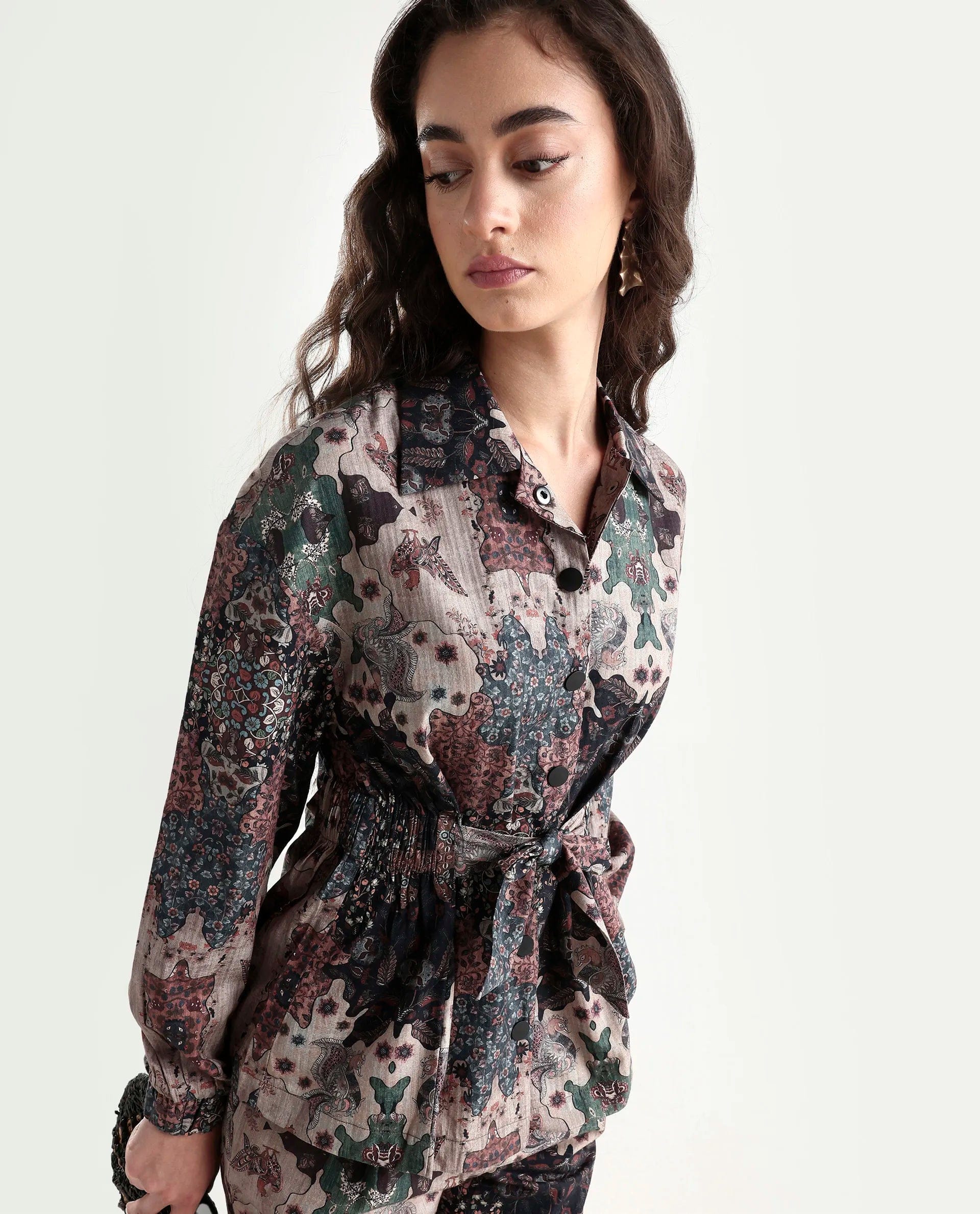 Rareism Women's Rotika Dark Multi Cotton Blend Spread Collar Abstract Print Regular Fit Jacket