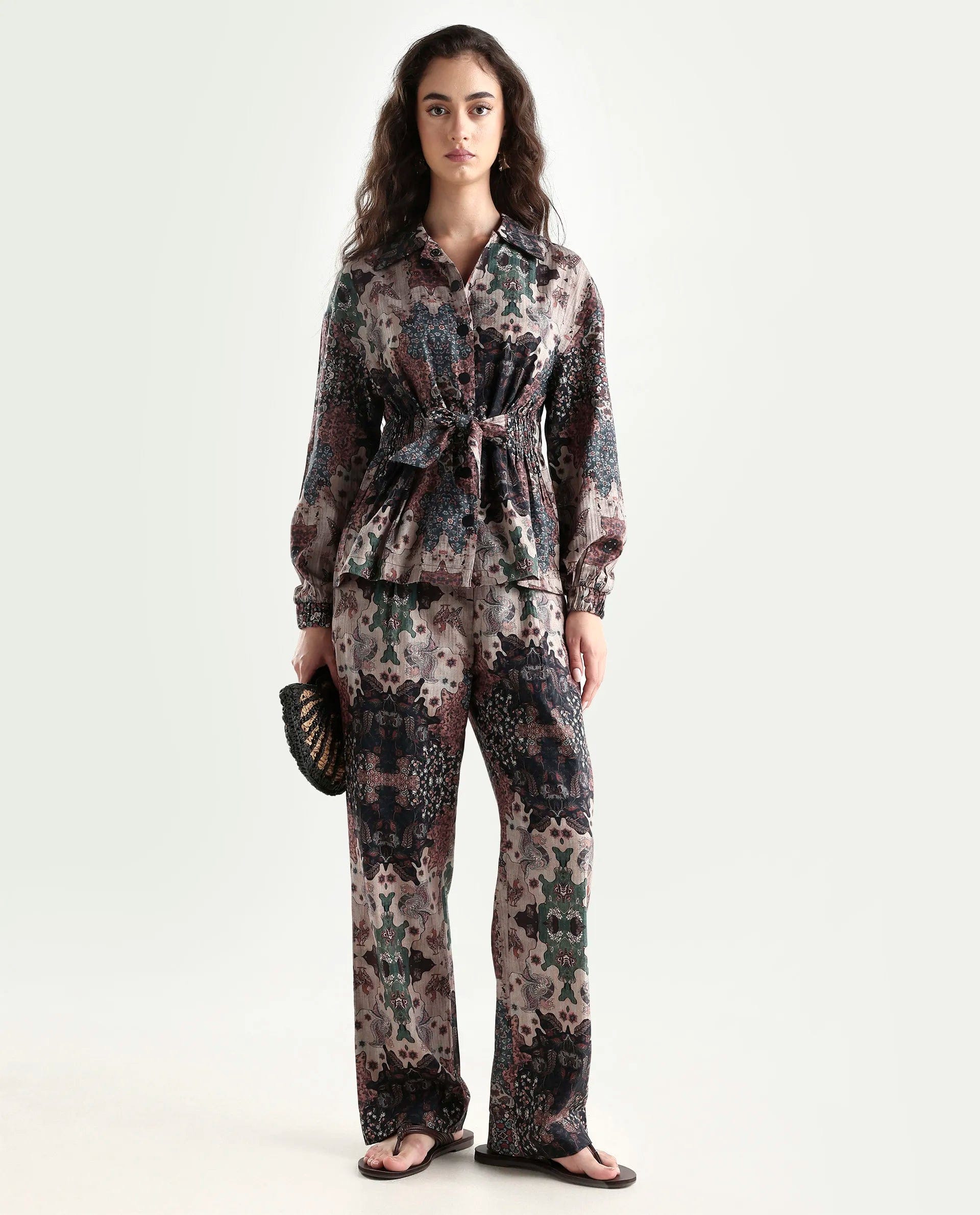 Rareism Women's Rotika Dark Multi Cotton Blend Spread Collar Abstract Print Regular Fit Jacket