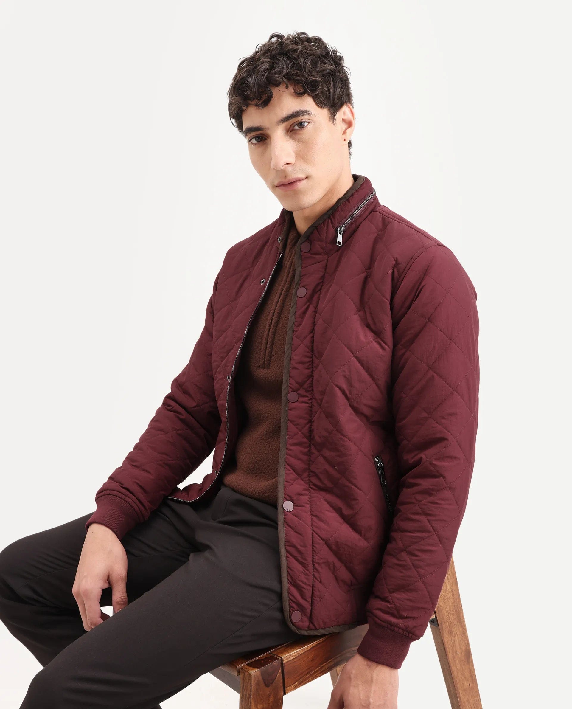 RARE Rabbit Men's Krul Red Nylon Plain Regular Fit Full Sleeve Mandarin Collar Jacket
