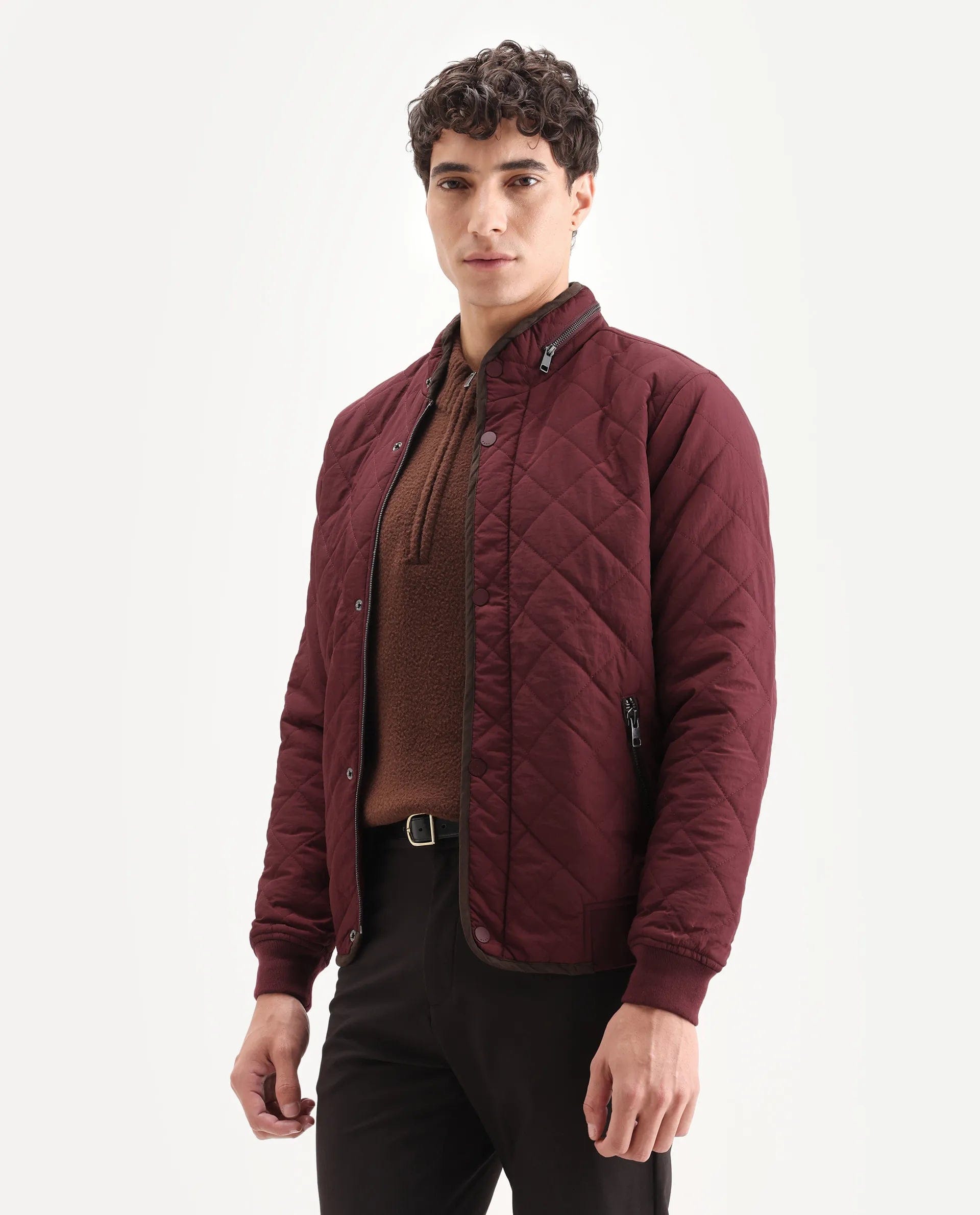 RARE Rabbit Men's Krul Red Nylon Plain Regular Fit Full Sleeve Mandarin Collar Jacket