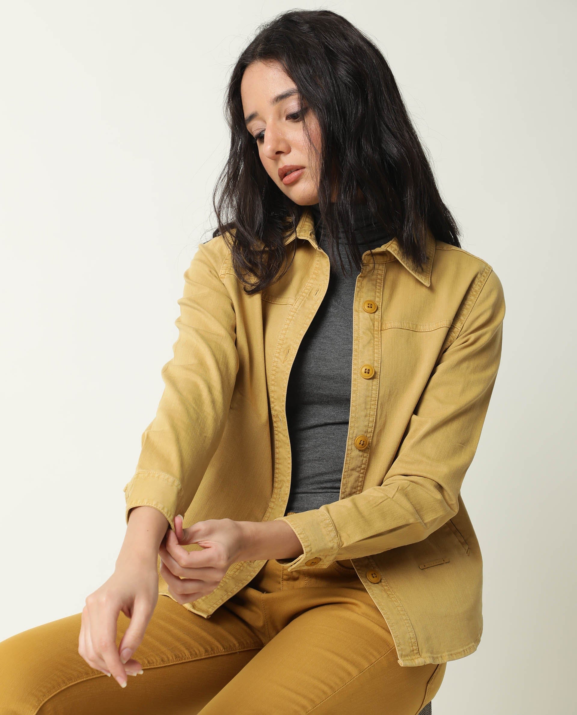 Rareism Women's Mission Mustard Cotton Blend Spread Collar Plain Regular Fit Jacket