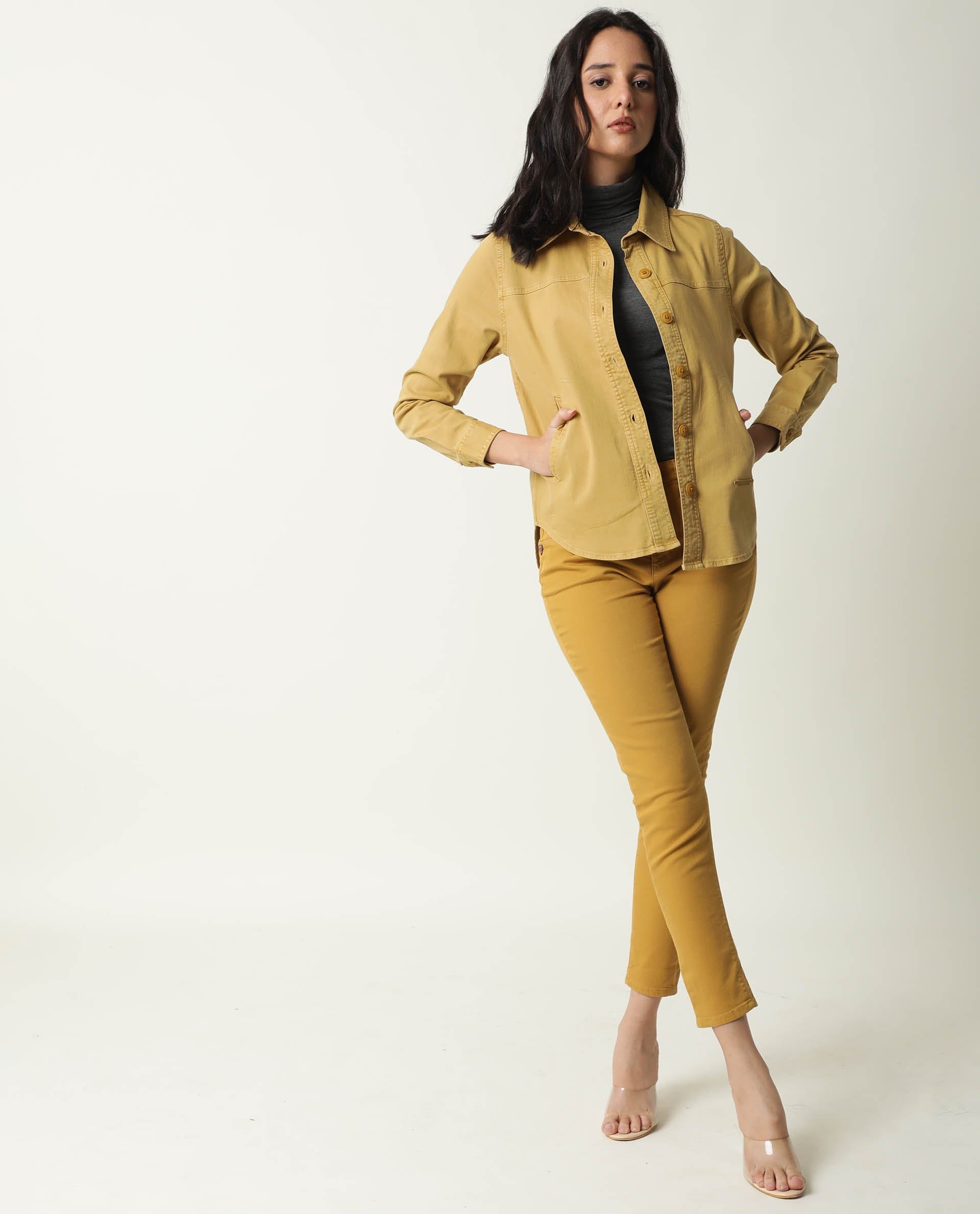 Rareism Women's Mission Mustard Cotton Blend Spread Collar Plain Regular Fit Jacket