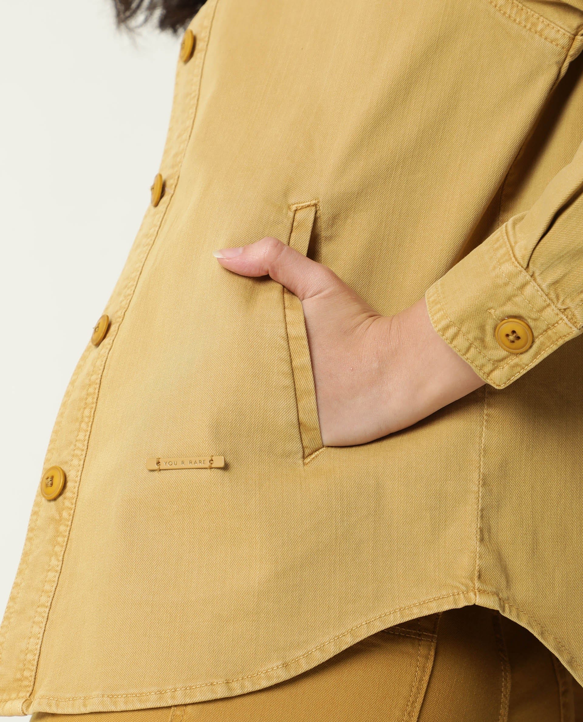 Rareism Women's Mission Mustard Cotton Blend Spread Collar Plain Regular Fit Jacket