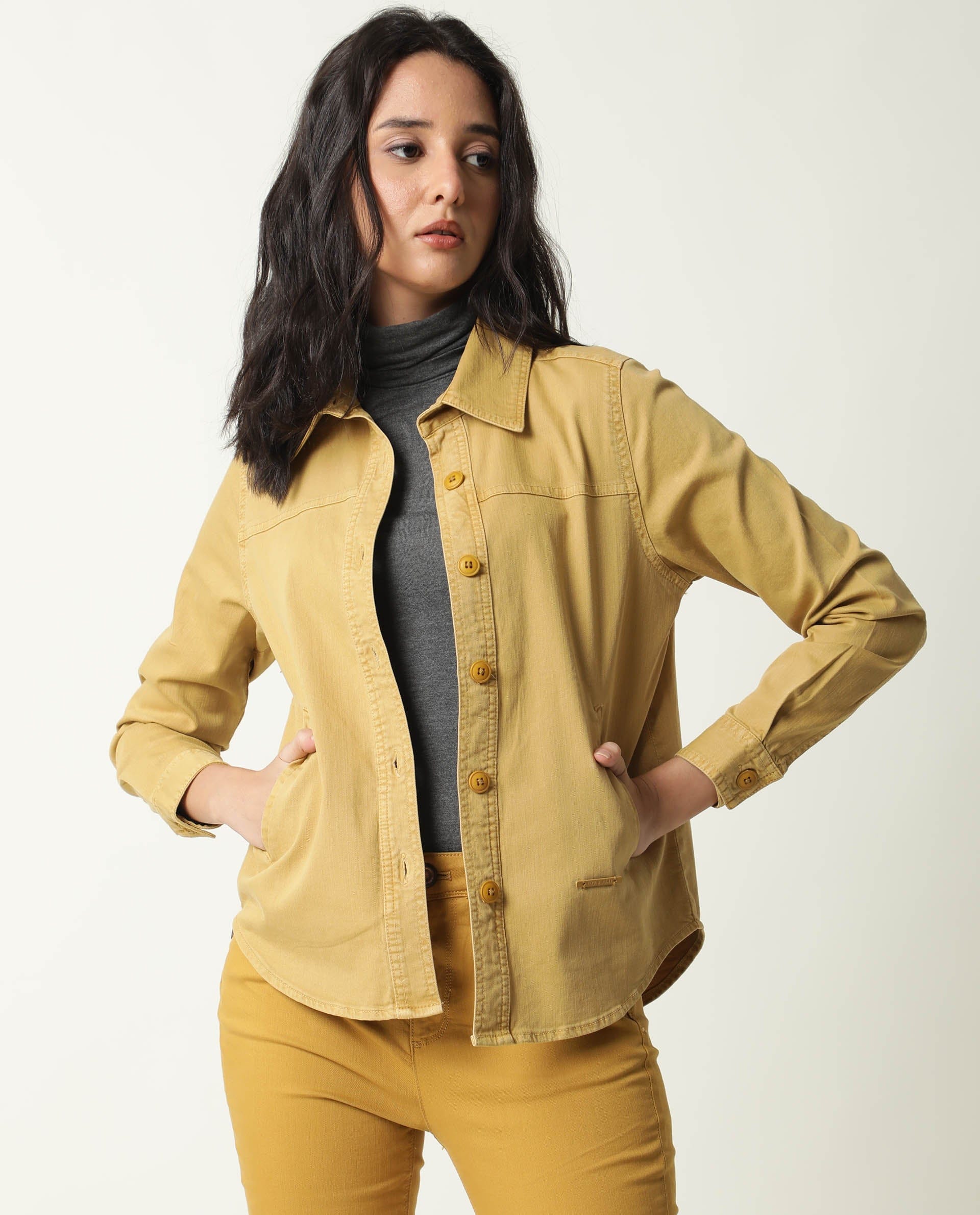 Rareism Women's Mission Mustard Cotton Blend Spread Collar Plain Regular Fit Jacket