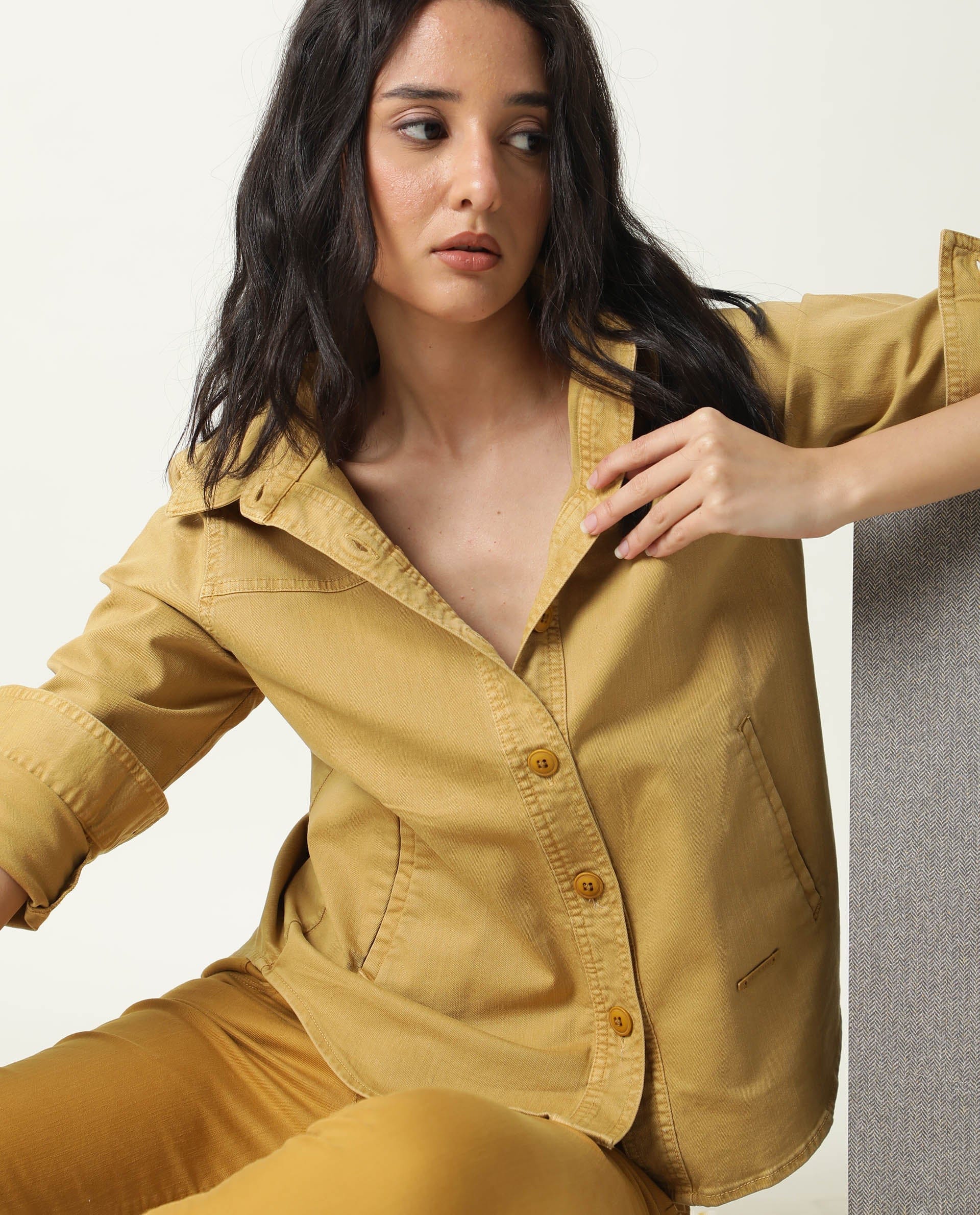 Rareism Women's Mission Mustard Cotton Blend Spread Collar Plain Regular Fit Jacket