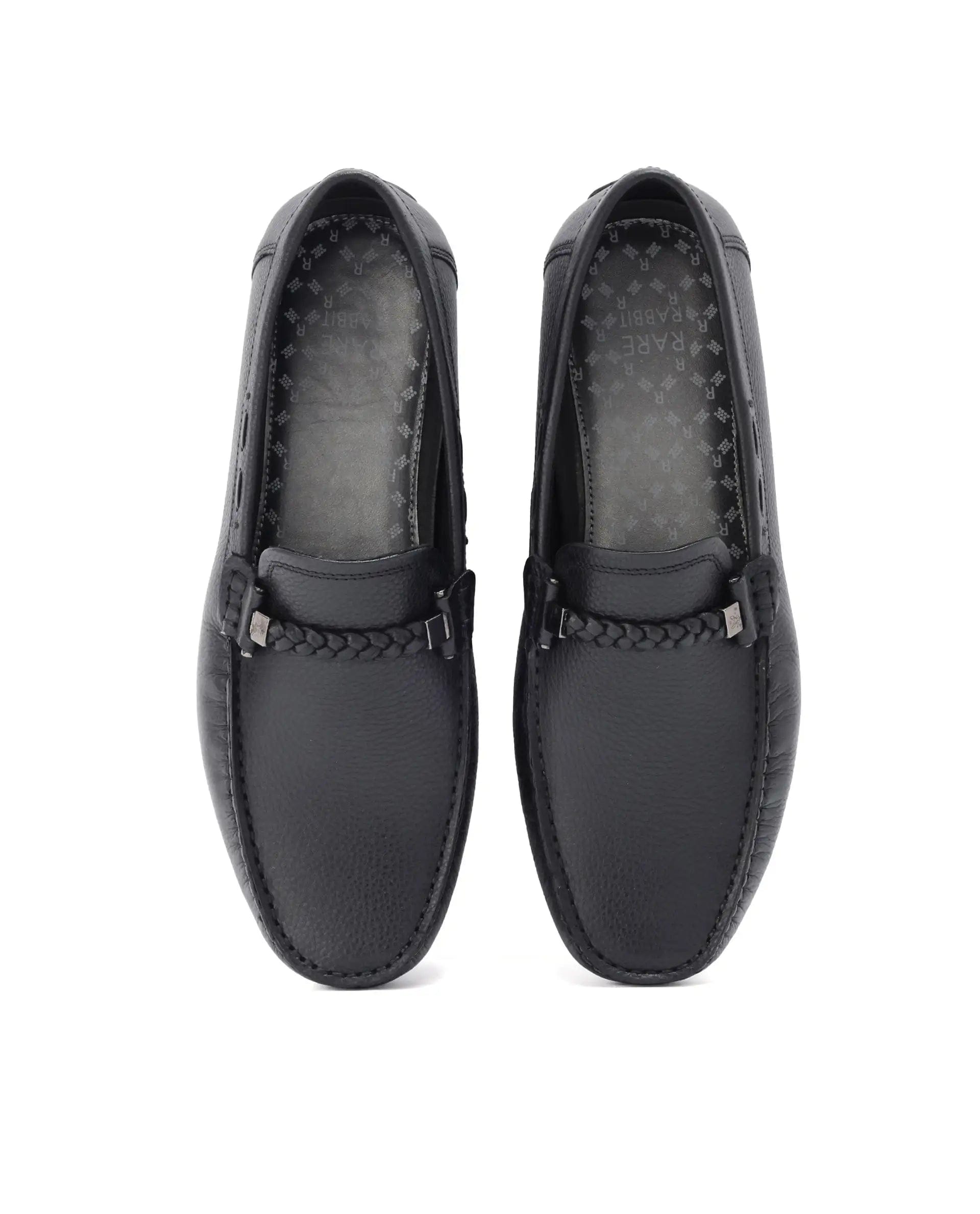 RAREZ Rare Rabbit Men's Grain Black Slip - On Genuine Milled Leather Driving Moccasin