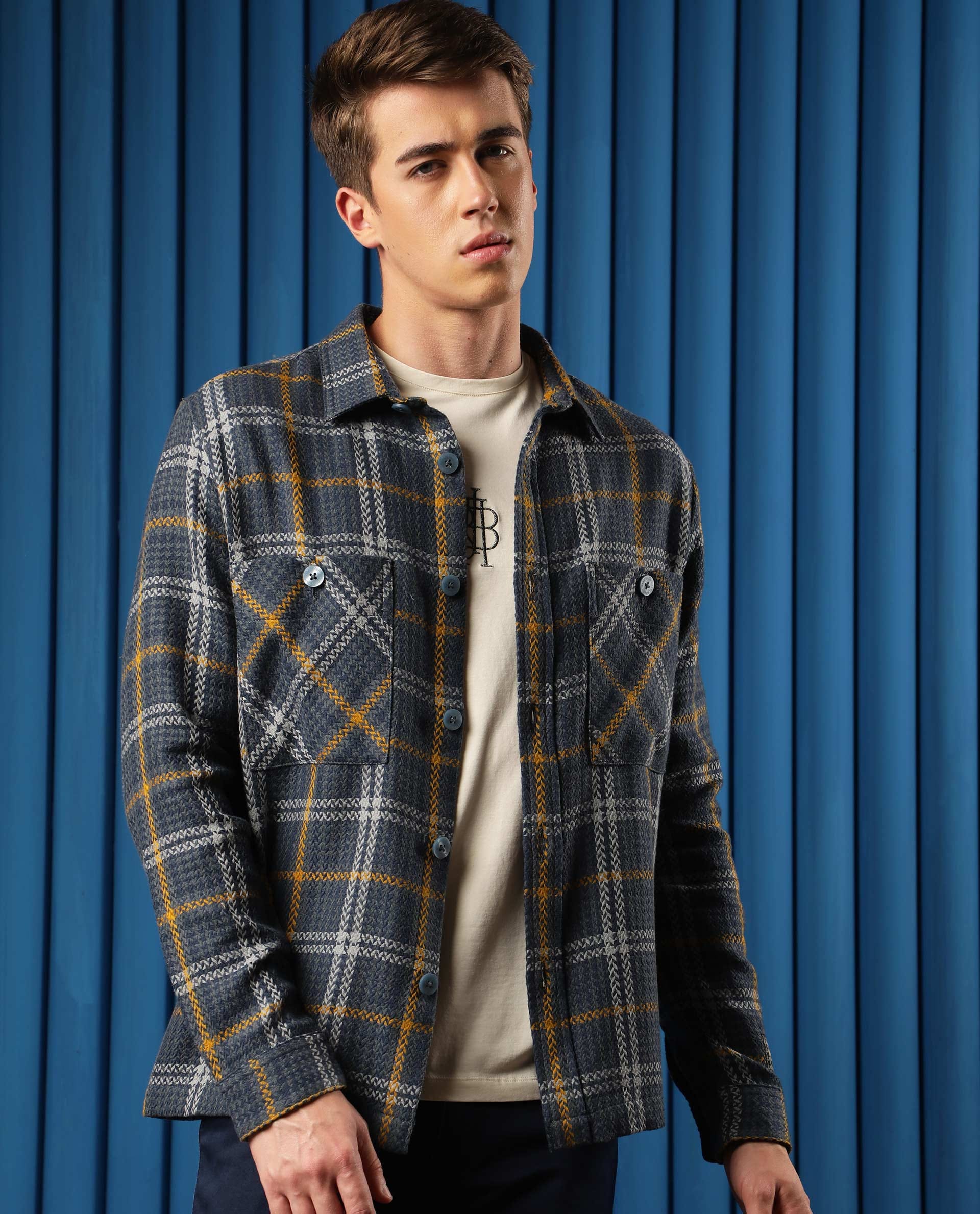 RARE Rabbit Men's Hunter Grey Cotton Checked Print Regular Fit Full Sleeve Spread Collar Jacket