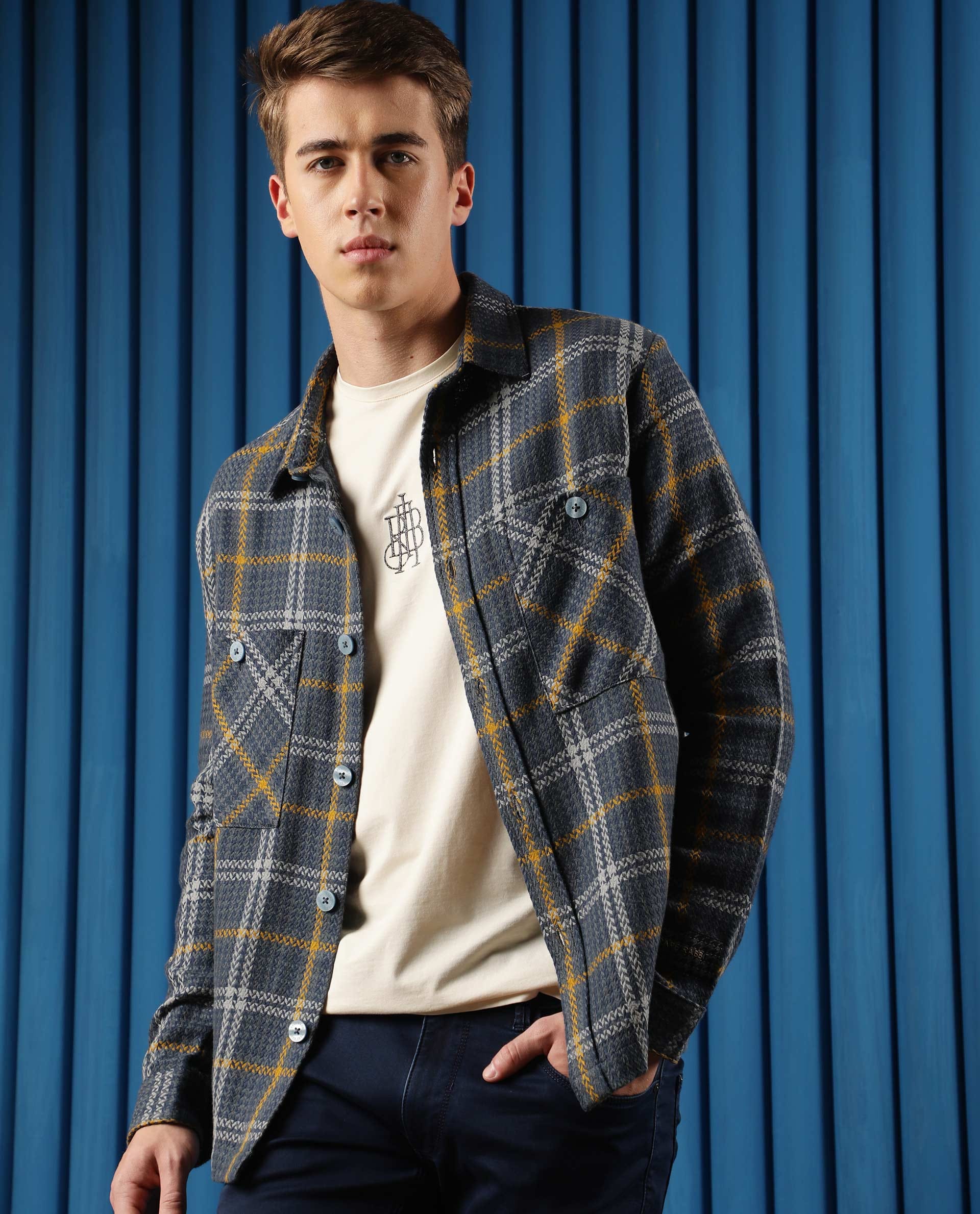 RARE Rabbit Men's Hunter Grey Cotton Checked Print Regular Fit Full Sleeve Spread Collar Jacket
