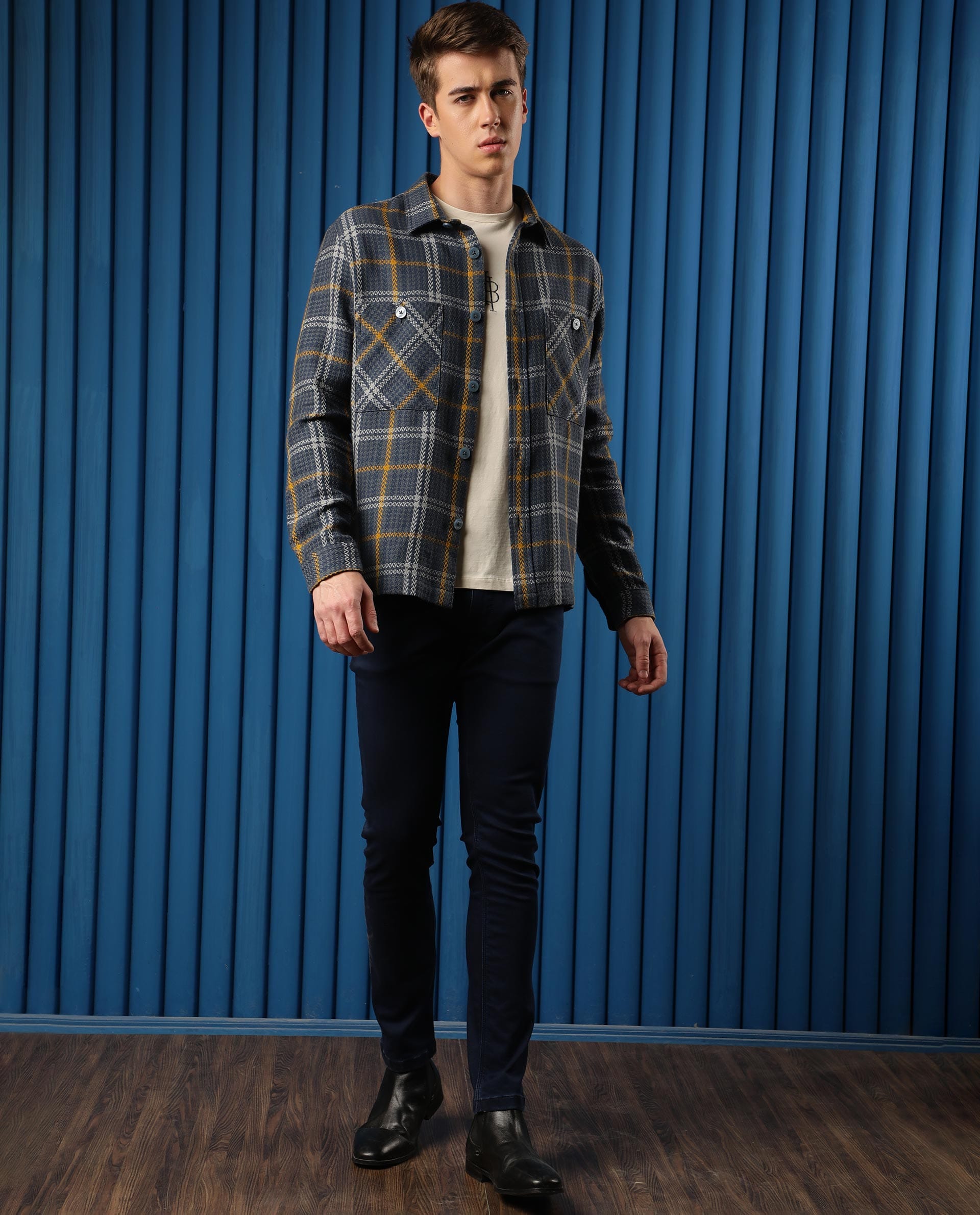 RARE Rabbit Men's Hunter Grey Cotton Checked Print Regular Fit Full Sleeve Spread Collar Jacket
