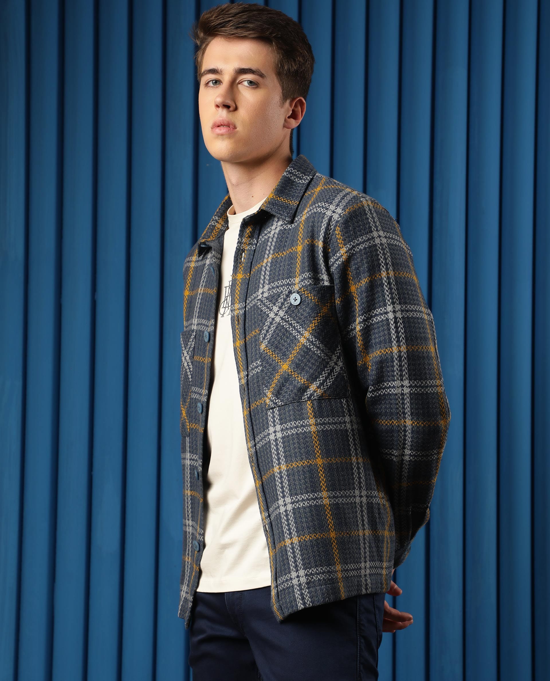 RARE Rabbit Men's Hunter Grey Cotton Checked Print Regular Fit Full Sleeve Spread Collar Jacket