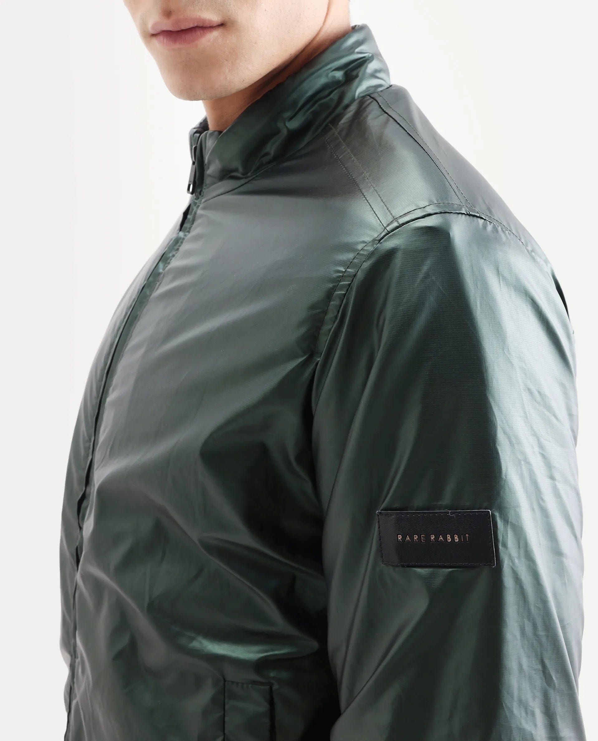 RARE Rabbit Men's Carpi Green Polyester Plain Regular Fit Full Sleeve Mandarin Collar Jacket
