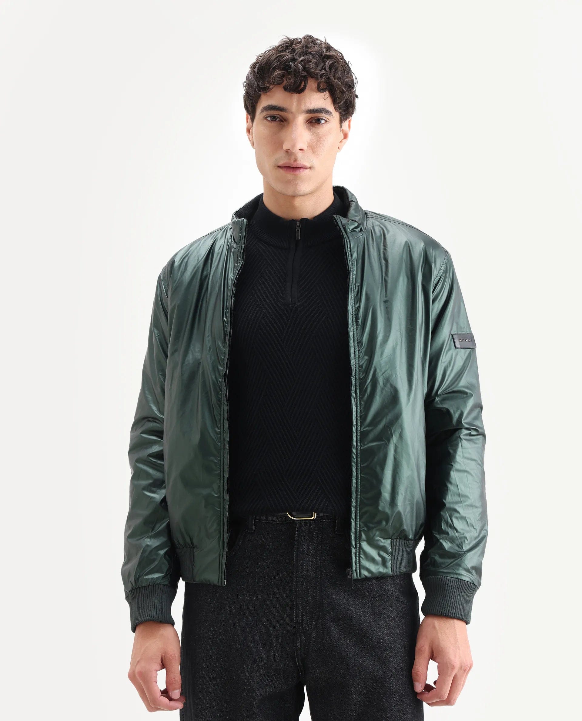 RARE Rabbit Men's Carpi Green Polyester Plain Regular Fit Full Sleeve Mandarin Collar Jacket