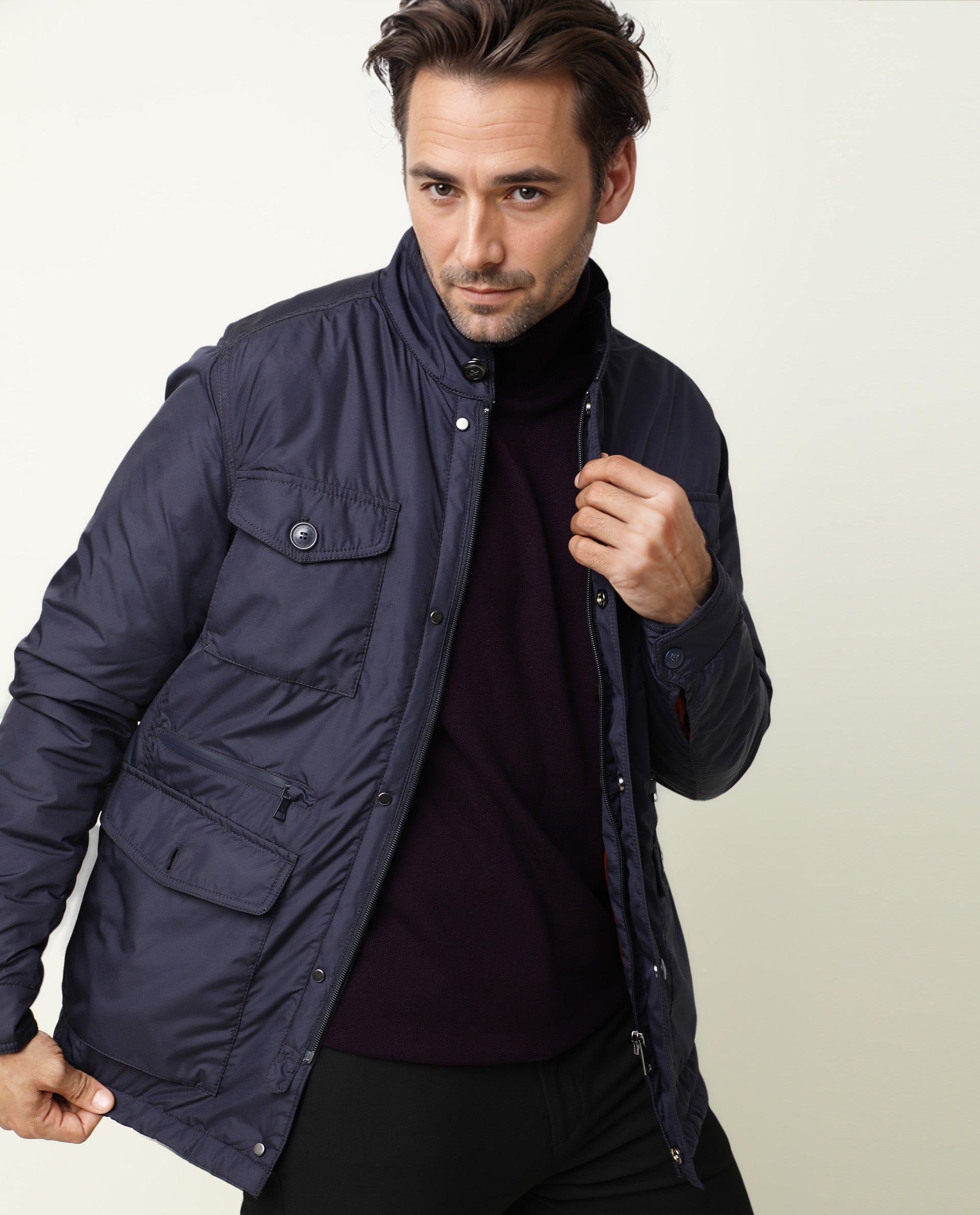 RARE Rabbit Men's Mass Navy Polyester Plain Relaxed Fit Full Sleeve Mandarin Collar Jacket