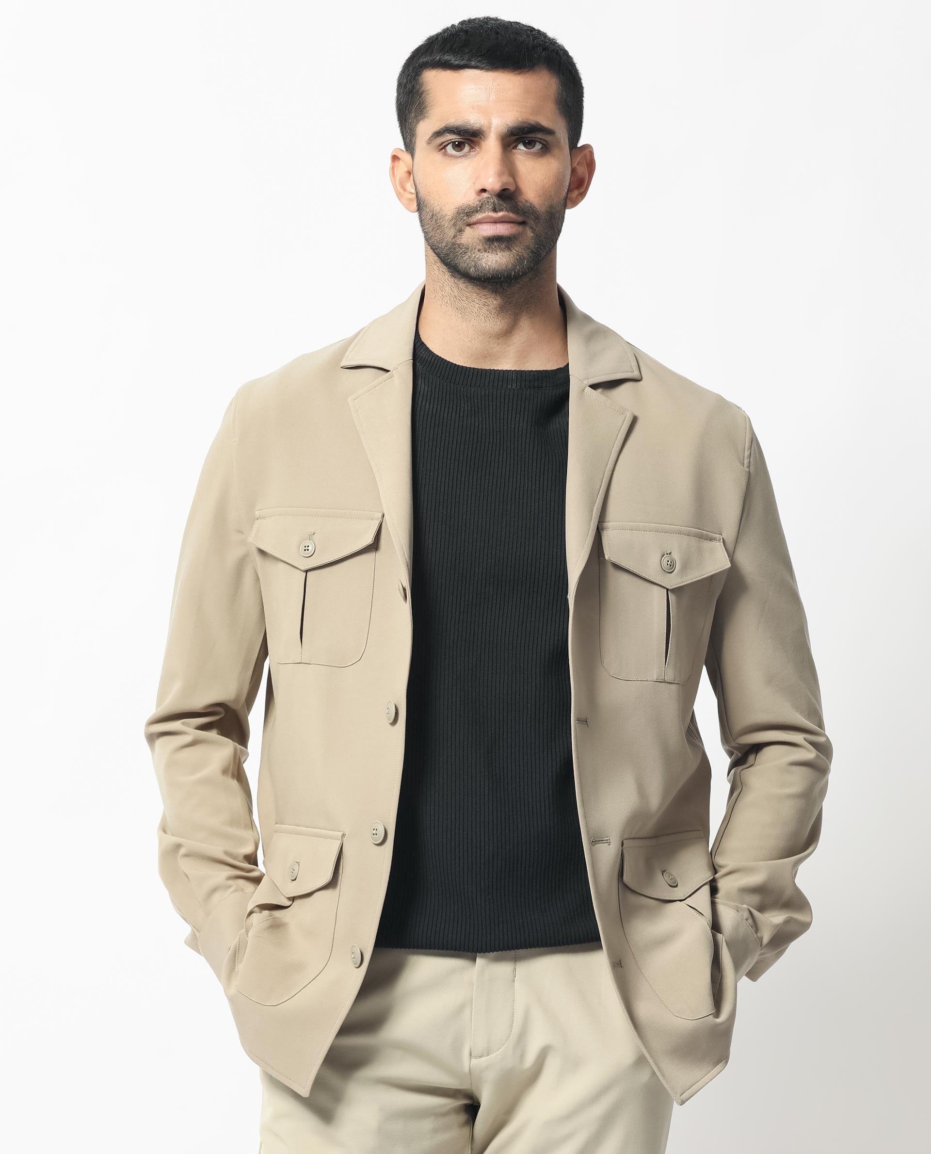 RARE Rabbit Men's Voyage Light Khaki Polyester Plain Tailored Fit Full Sleeve Lapel Neck Jacket