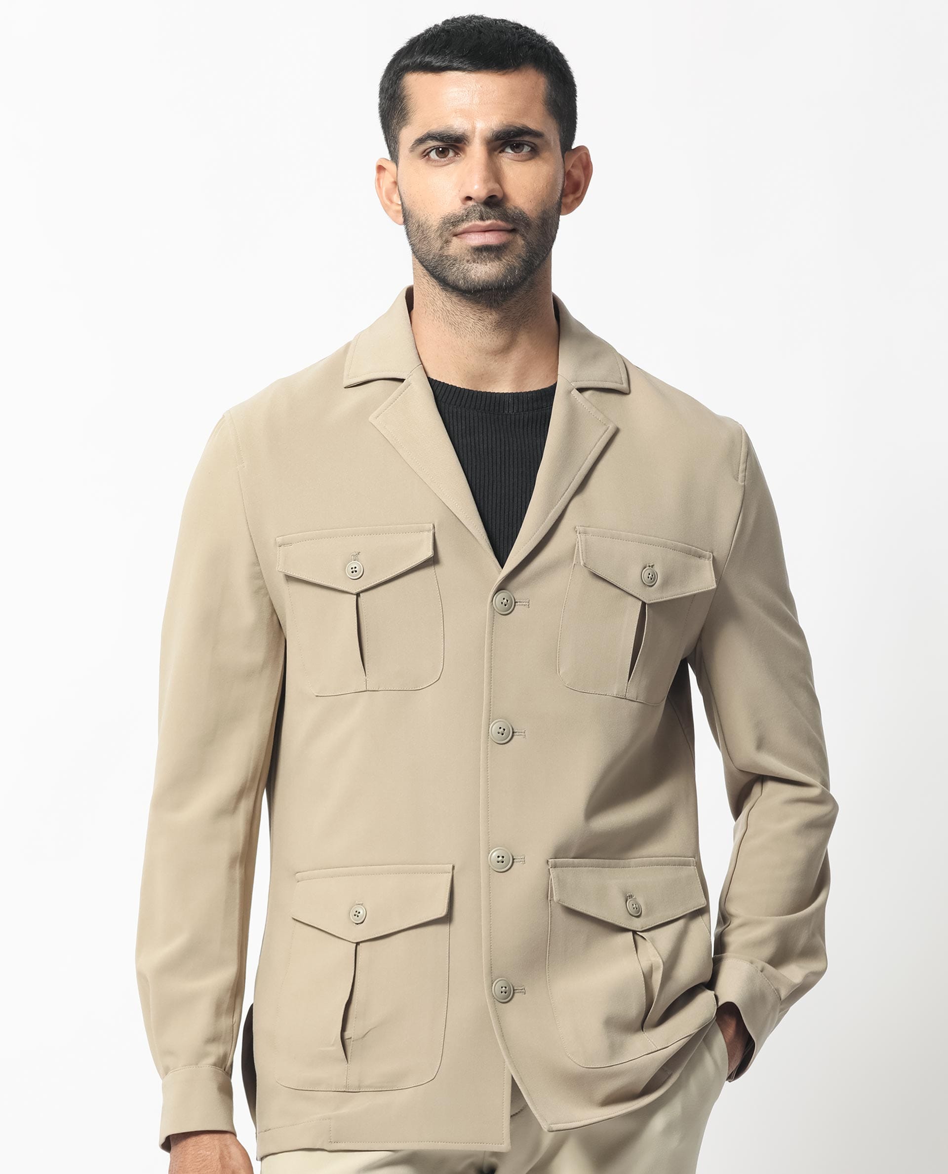 RARE Rabbit Men's Voyage Light Khaki Polyester Plain Tailored Fit Full Sleeve Lapel Neck Jacket
