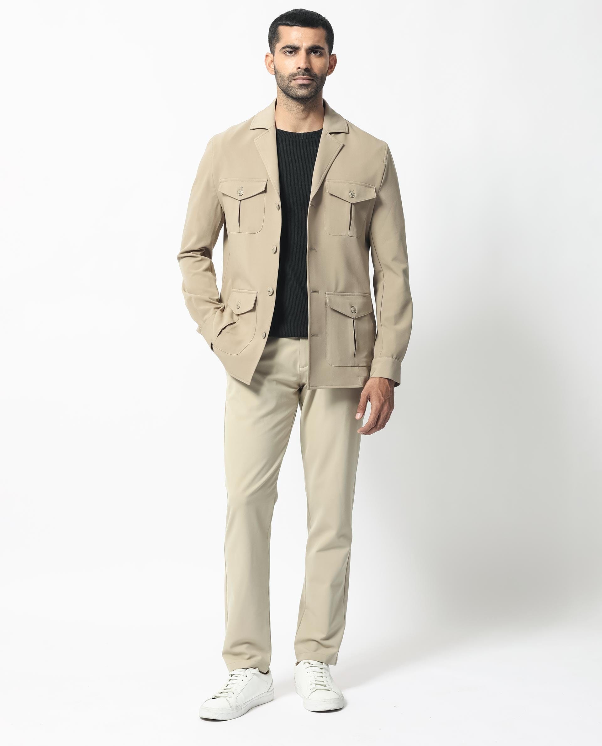 RARE Rabbit Men's Voyage Light Khaki Polyester Plain Tailored Fit Full Sleeve Lapel Neck Jacket