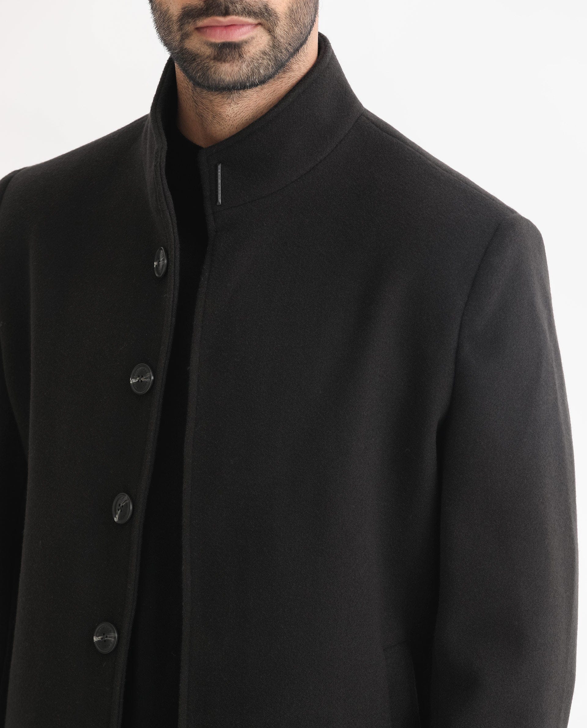 RARE Rabbit Men's Dune Black Polyester Plain Tailored Fit Full Sleeve Mandarin Collar Coat
