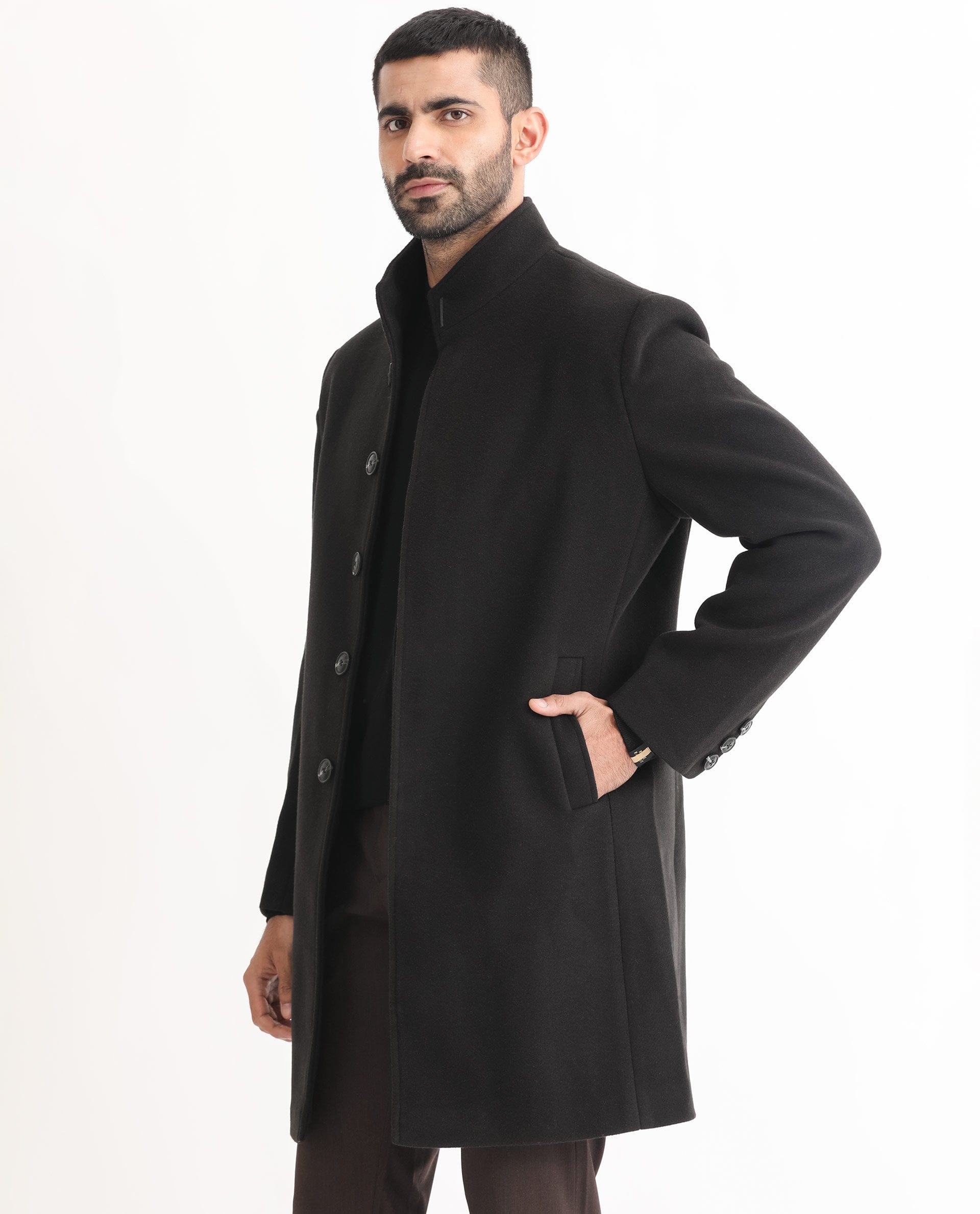 RARE Rabbit Men's Dune Black Polyester Plain Tailored Fit Full Sleeve Mandarin Collar Coat