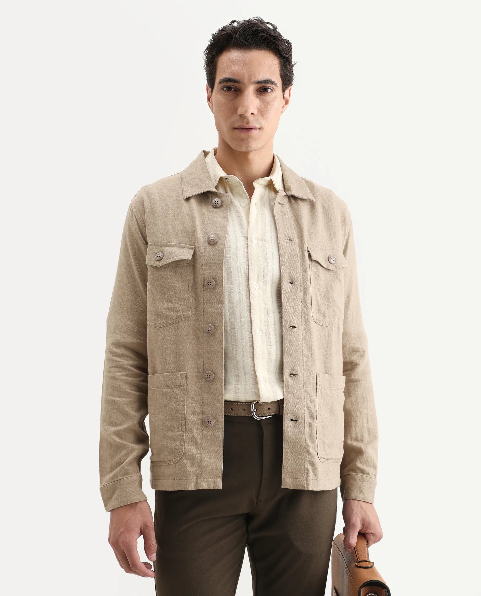RARE Rabbit Men's Gatton Beige Linen Blend Plain Regular Fit Full Sleeve Spread Collar Jacket