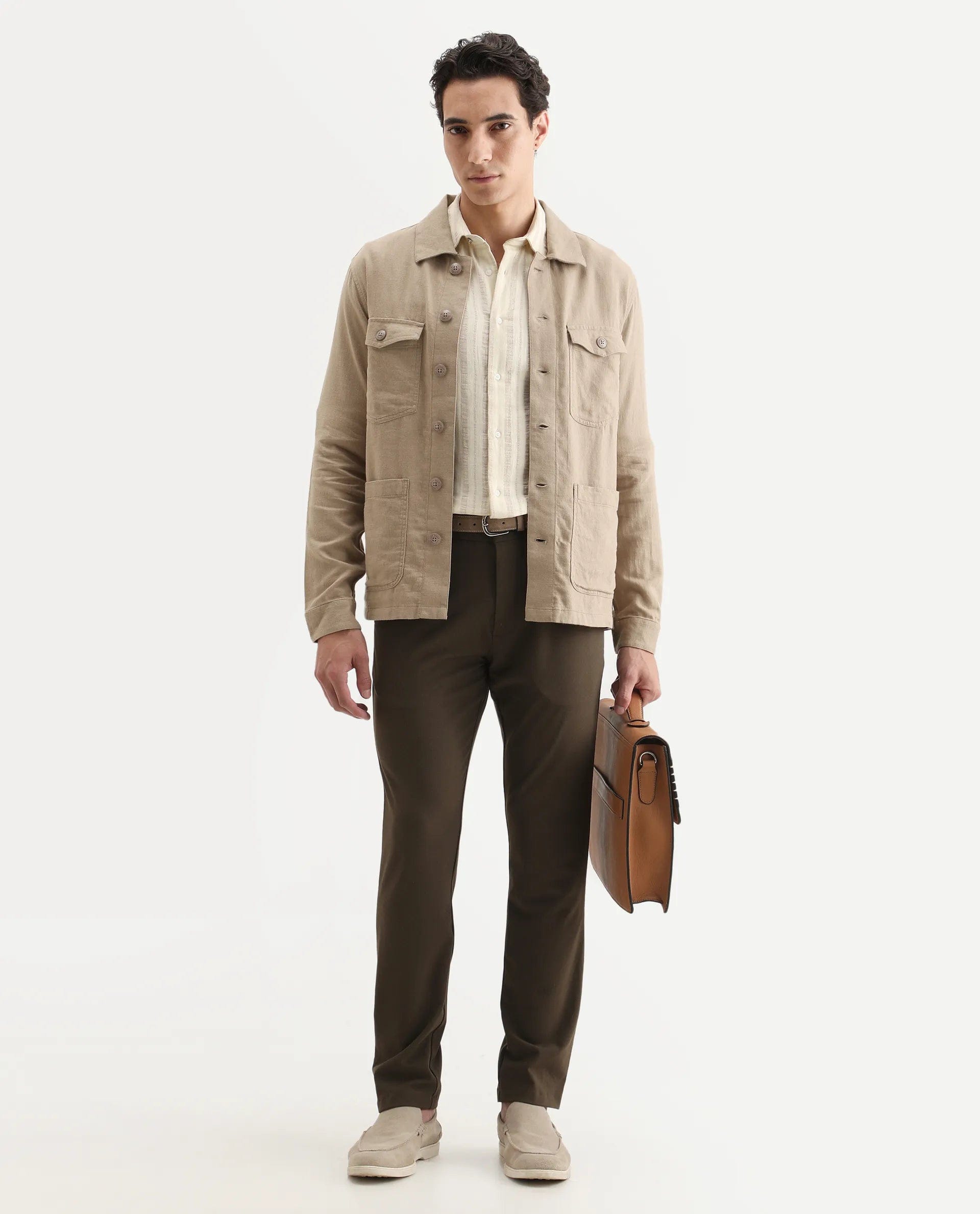 RARE Rabbit Men's Gatton Beige Linen Blend Plain Regular Fit Full Sleeve Spread Collar Jacket