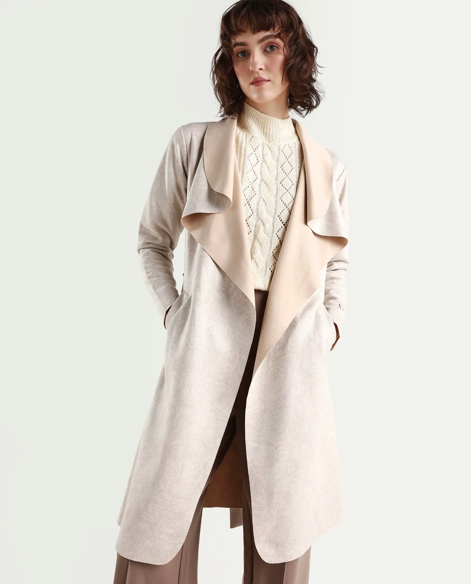 Rareism Women's Palmer Beige Polyester Collarless Plain Knee Length Relaxed Fit Jacket