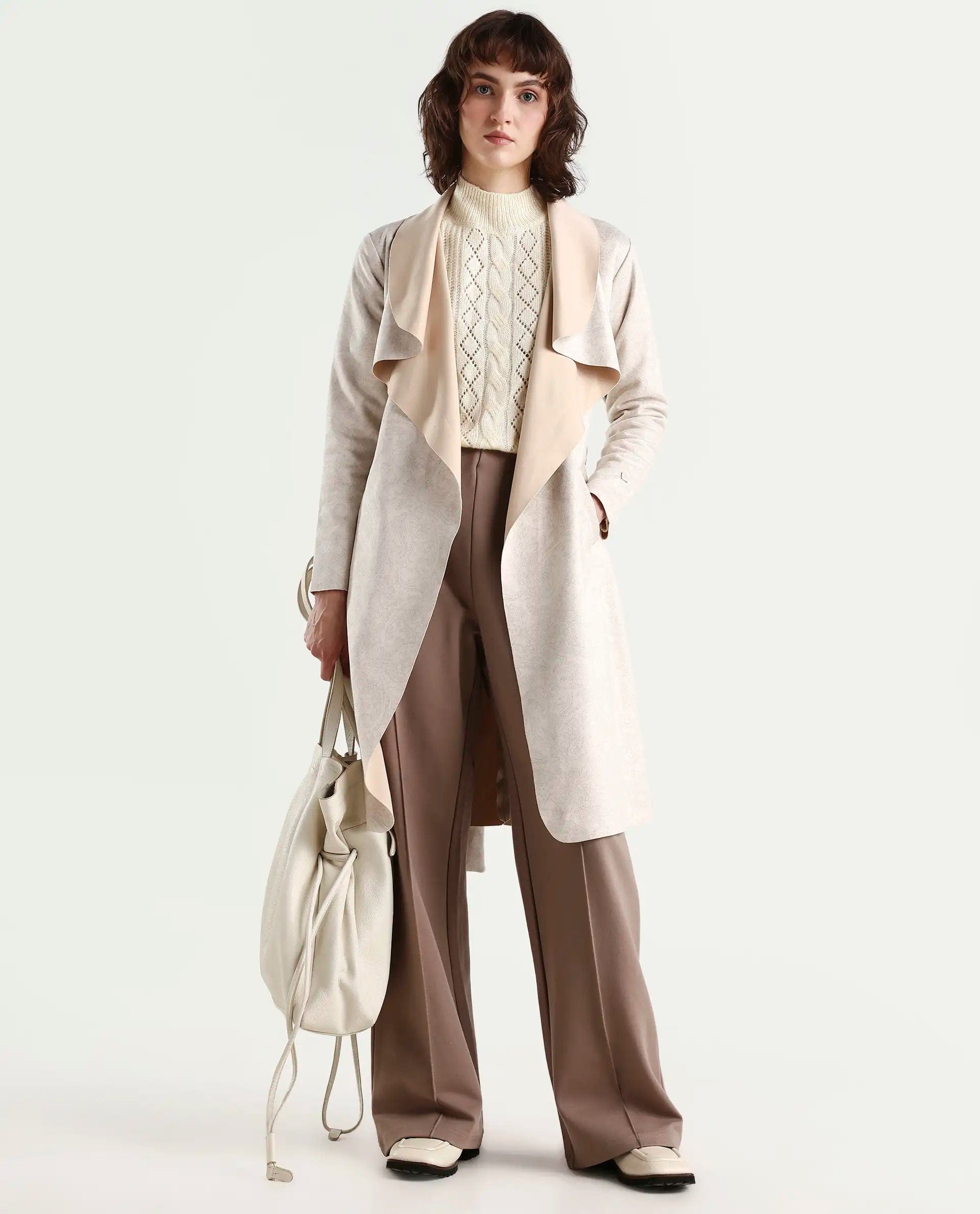 Rareism Women's Palmer Beige Polyester Collarless Plain Knee Length Relaxed Fit Jacket