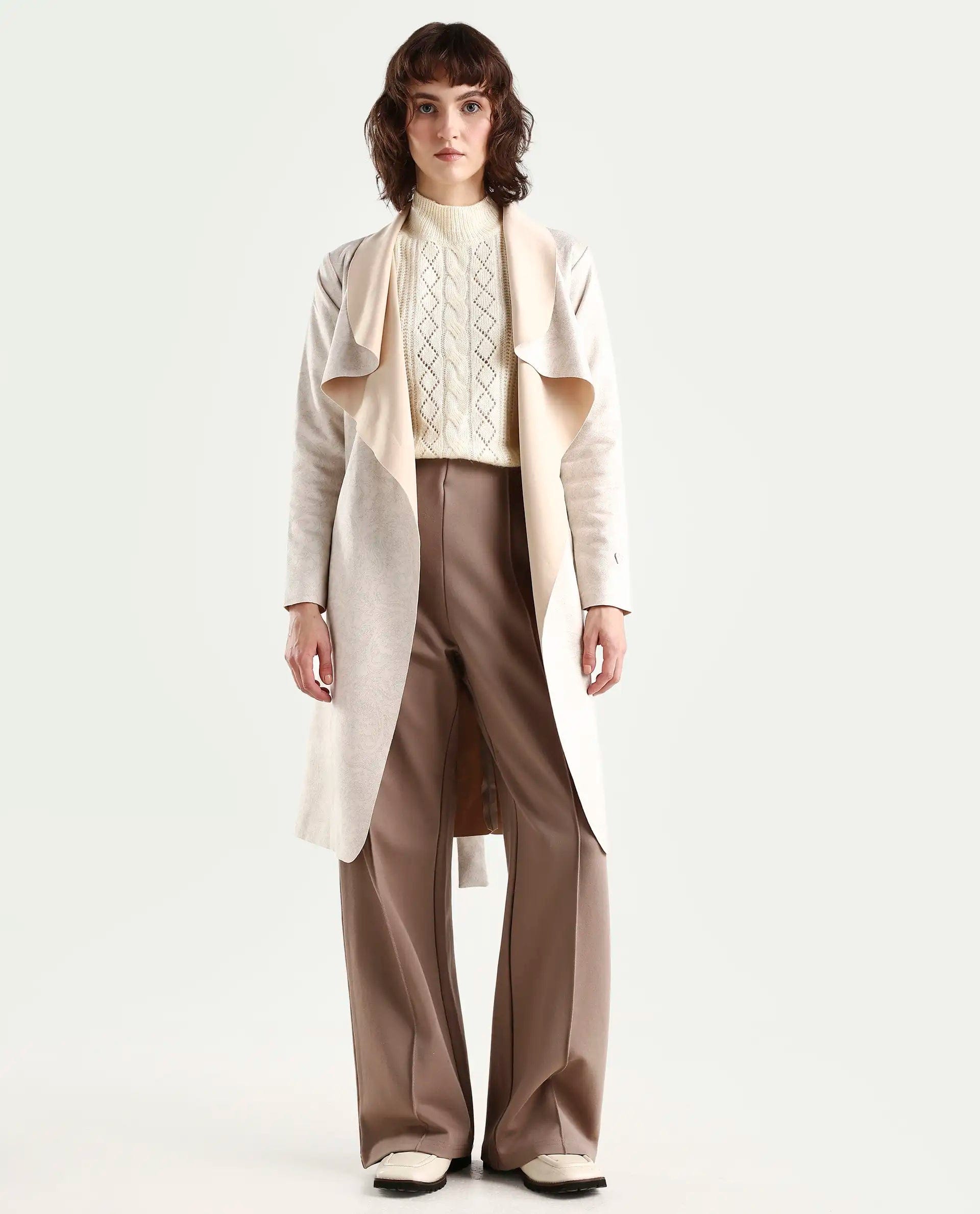 Rareism Women's Palmer Beige Polyester Collarless Plain Knee Length Relaxed Fit Jacket