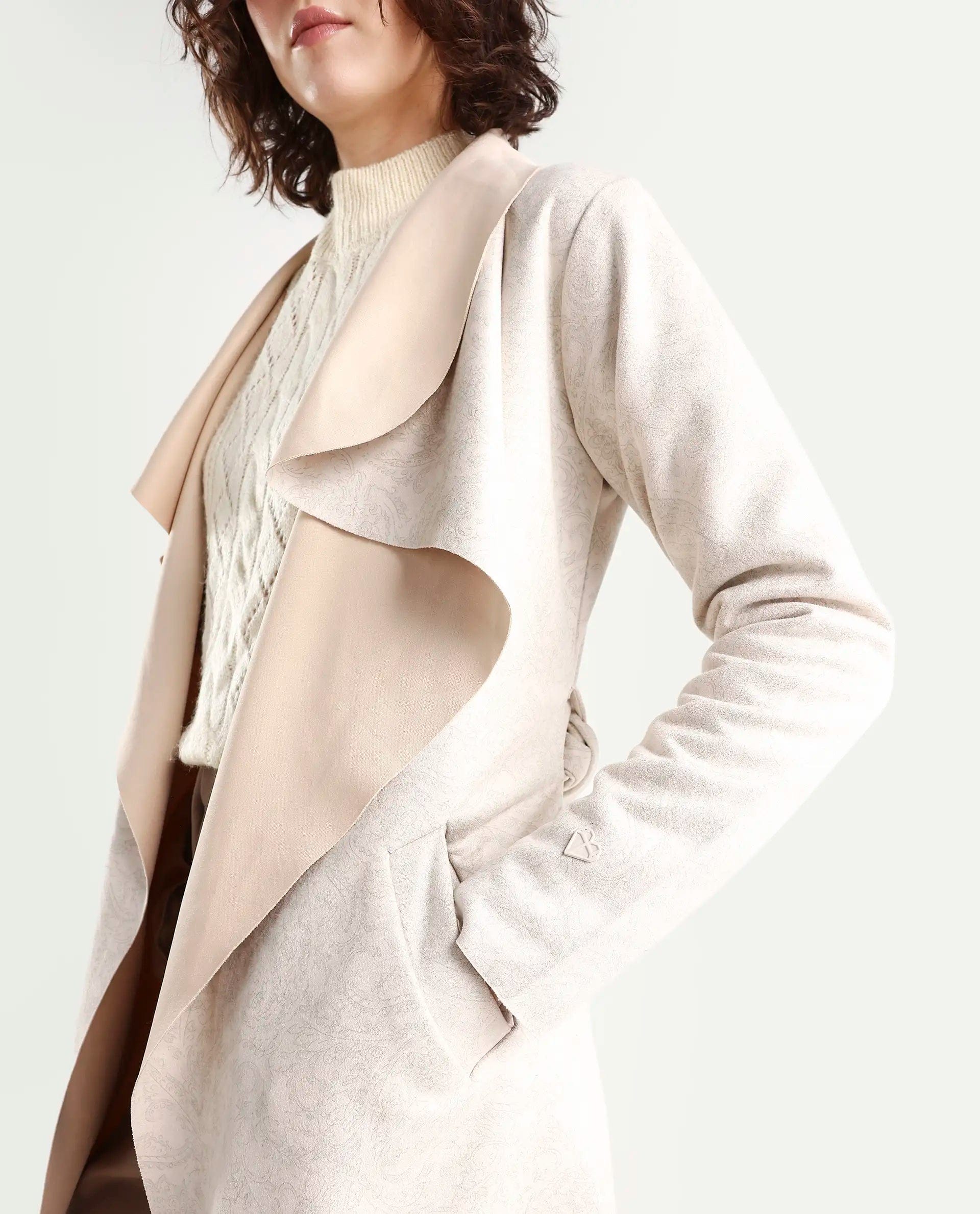 Rareism Women's Palmer Beige Polyester Collarless Plain Knee Length Relaxed Fit Jacket