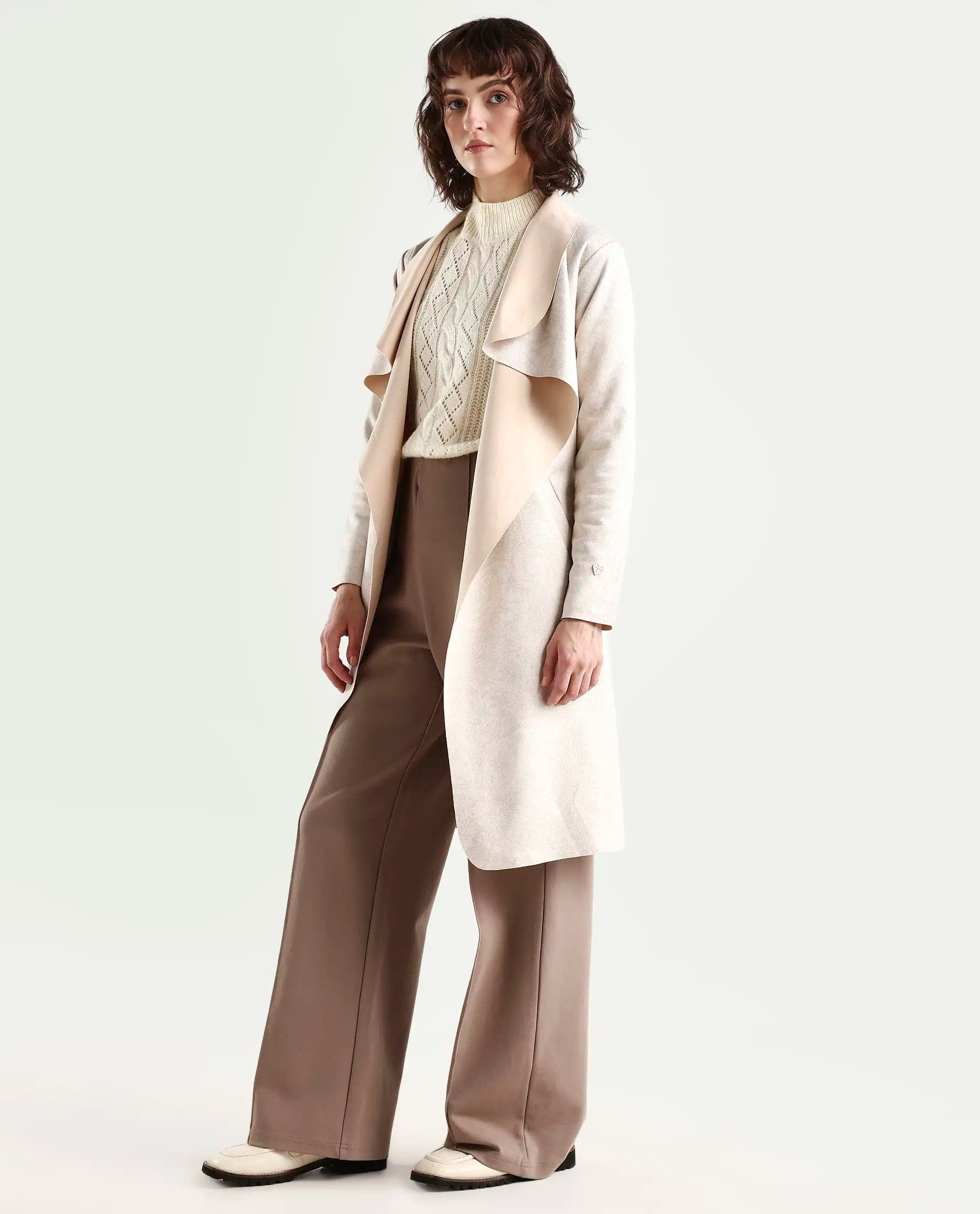 Rareism Women's Palmer Beige Polyester Collarless Plain Knee Length Relaxed Fit Jacket