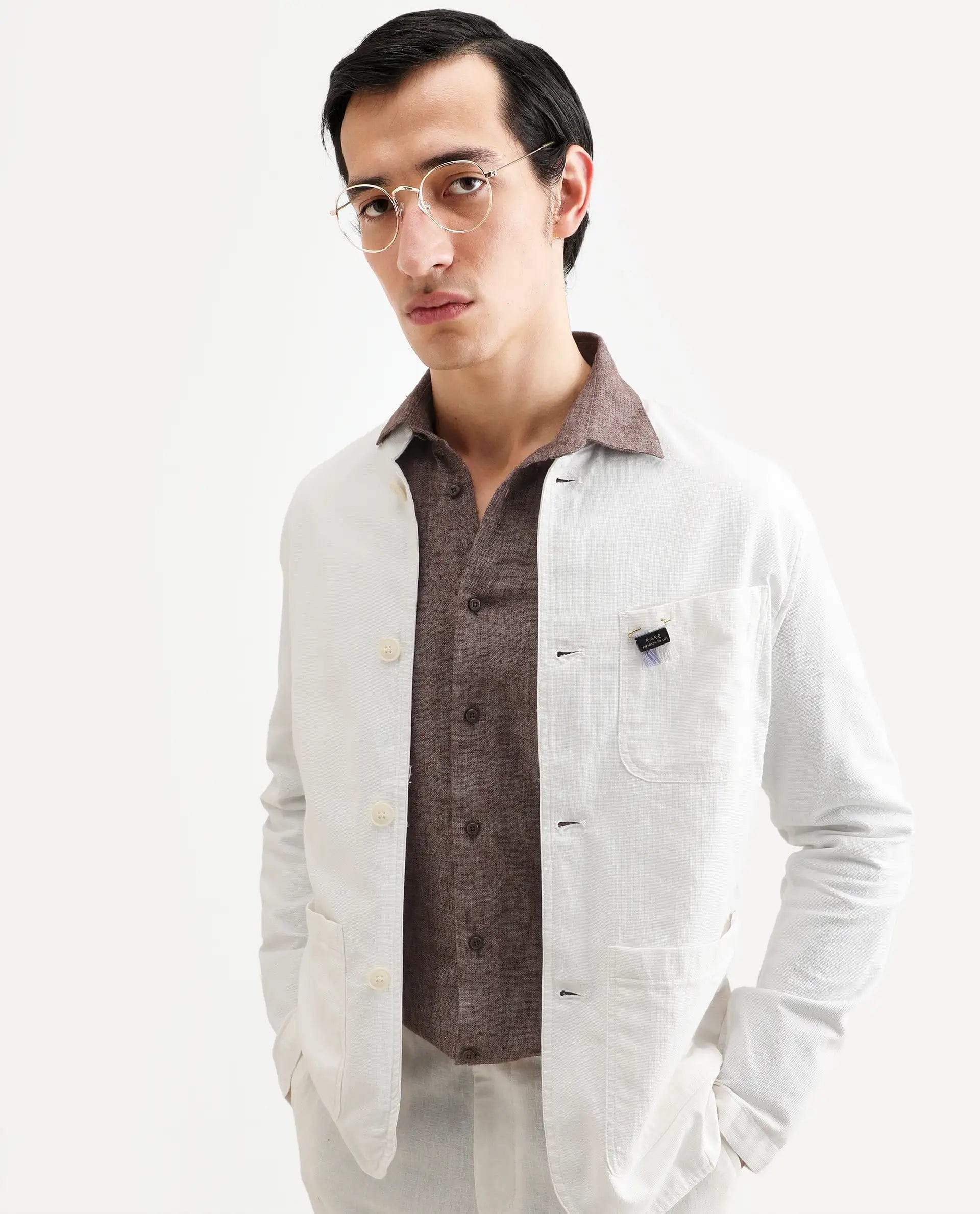 RARE Rabbit Men's Bastein Off White Cotton Plain Relaxed Fit Full Sleeve Mandarin Collar Jacket