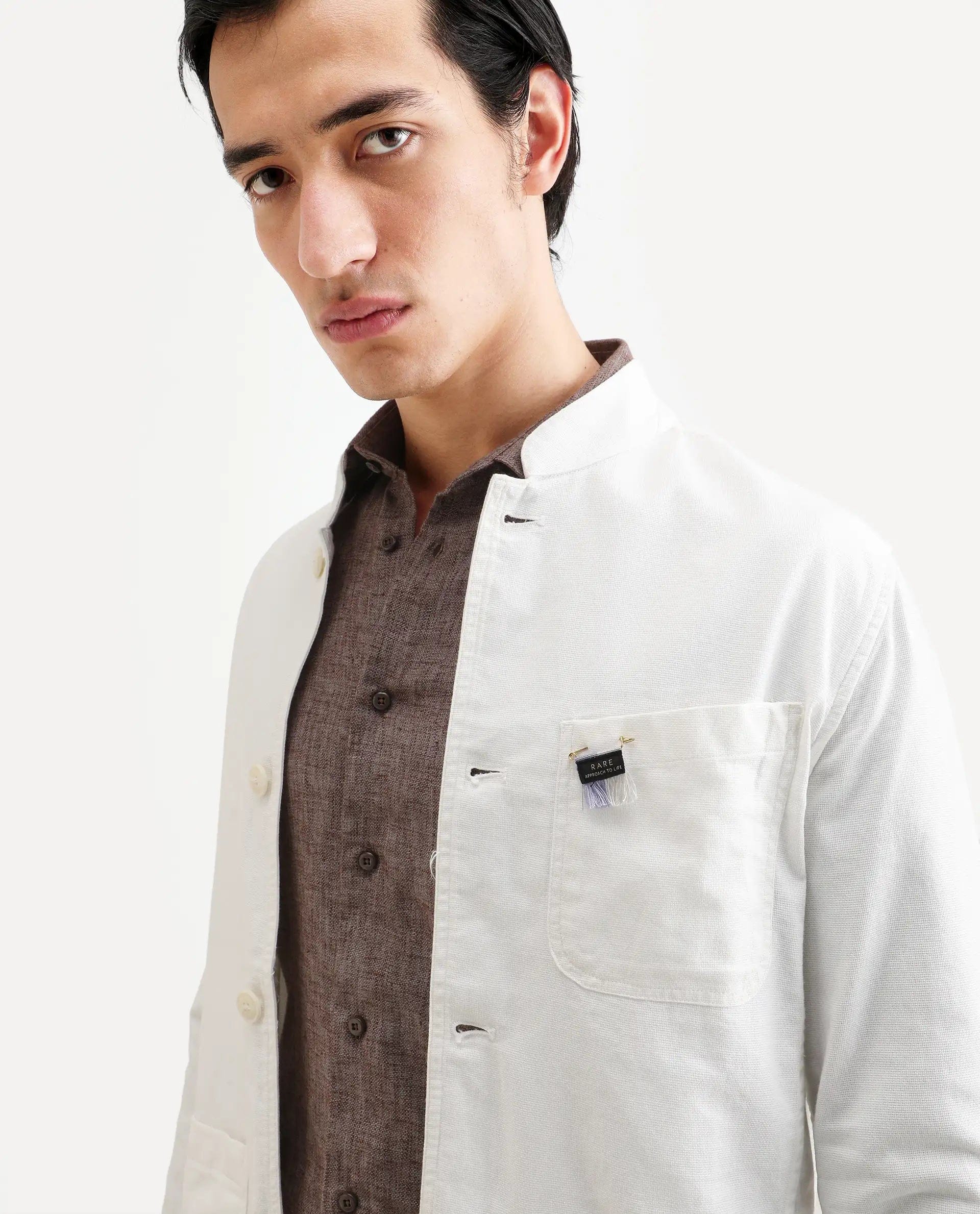 RARE Rabbit Men's Bastein Off White Cotton Plain Relaxed Fit Full Sleeve Mandarin Collar Jacket