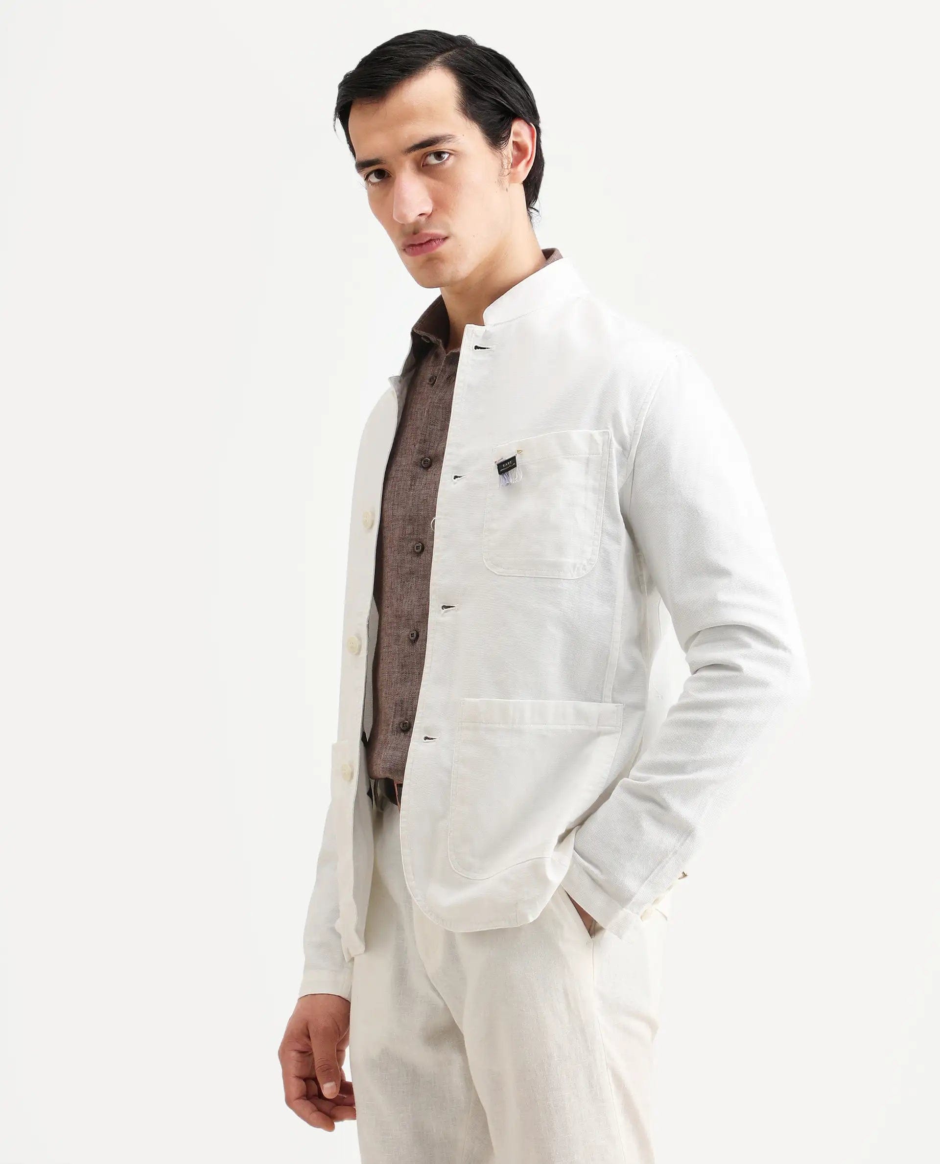 RARE Rabbit Men's Bastein Off White Cotton Plain Relaxed Fit Full Sleeve Mandarin Collar Jacket