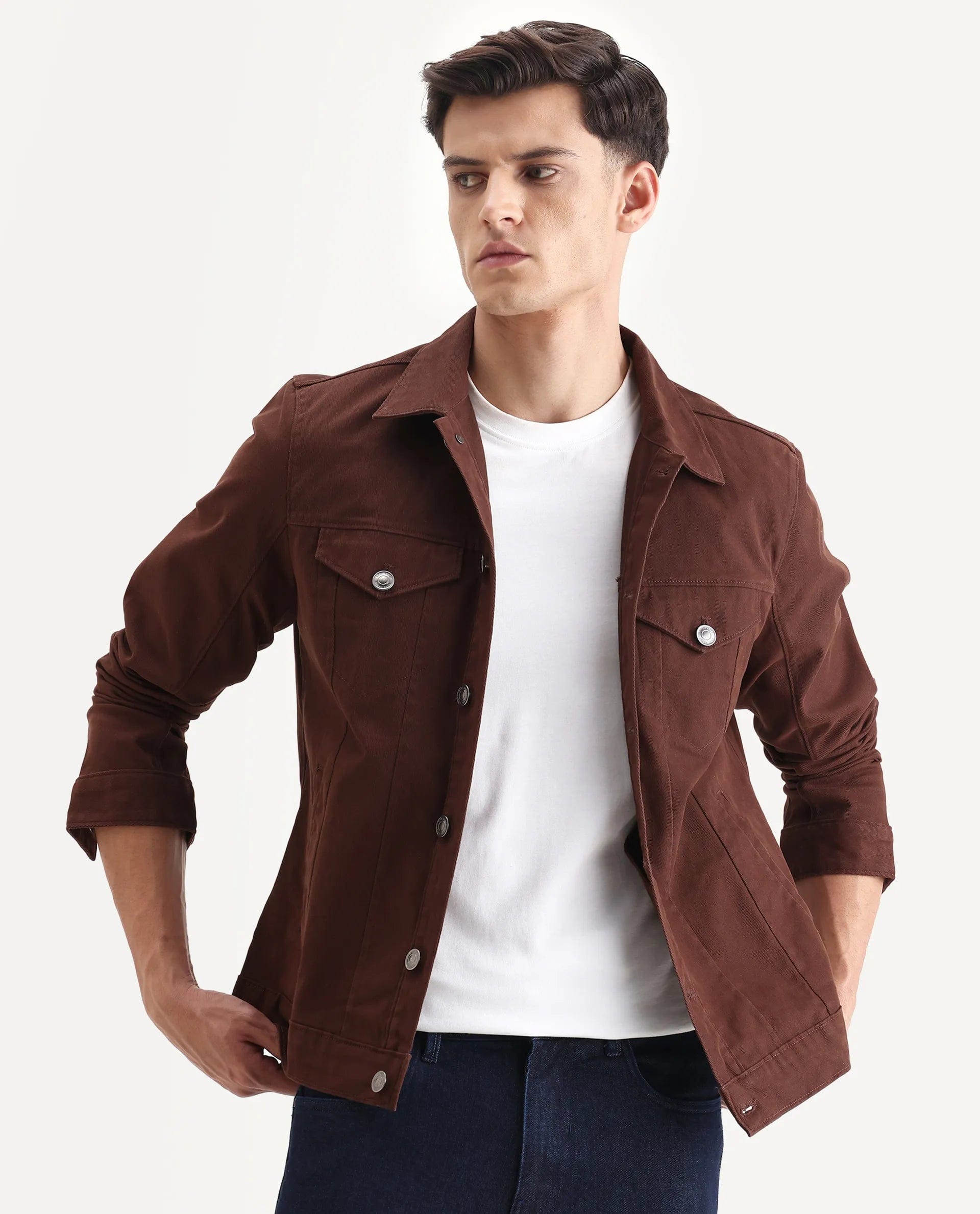 RARE Rabbit Men's Scut Brown Cotton Blend Fabric Collared Neck Relaxed Fit Plain Jacket
