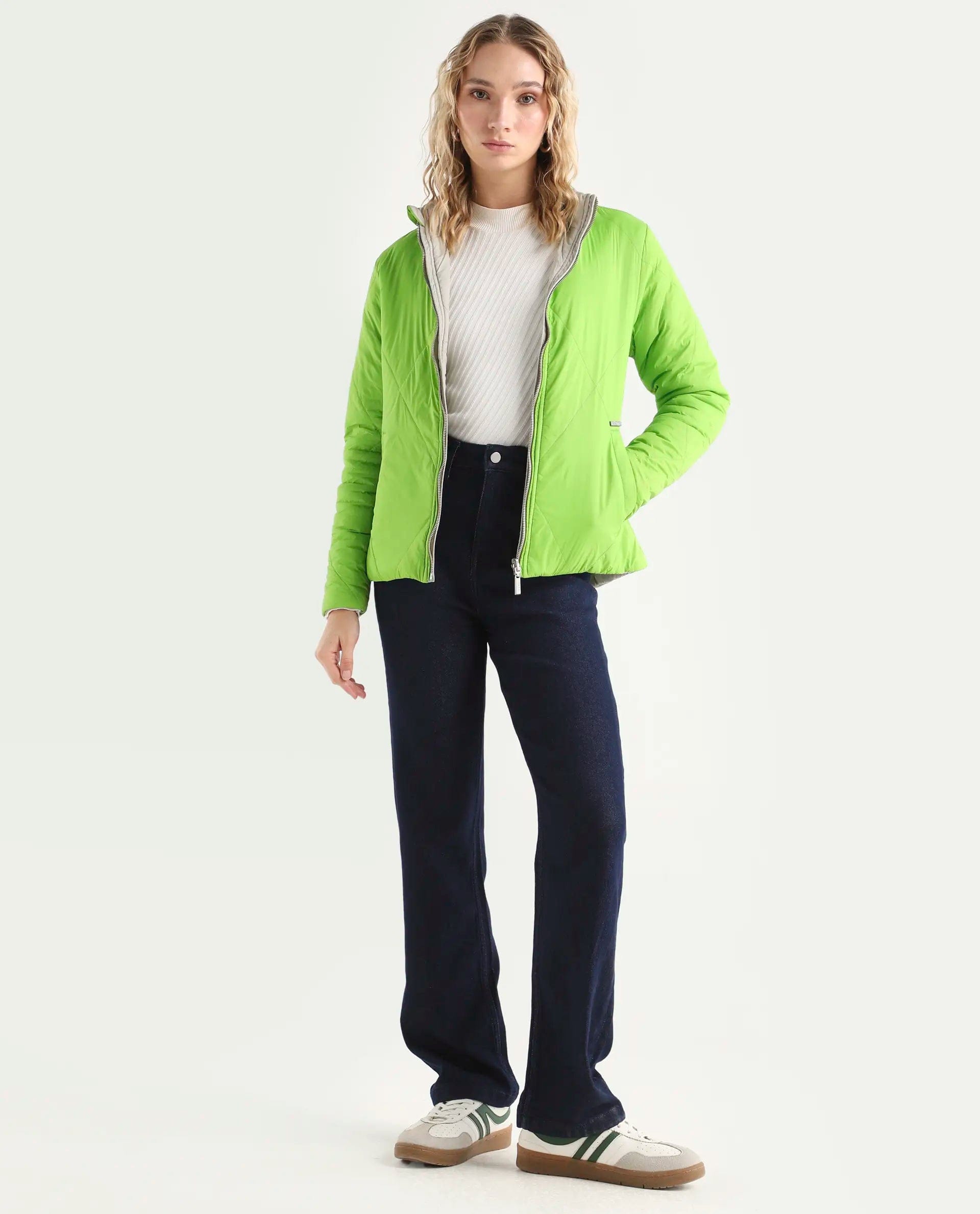 Rareism Women's Cora Green Polyester High Neck Plain Regular Fit Jacket