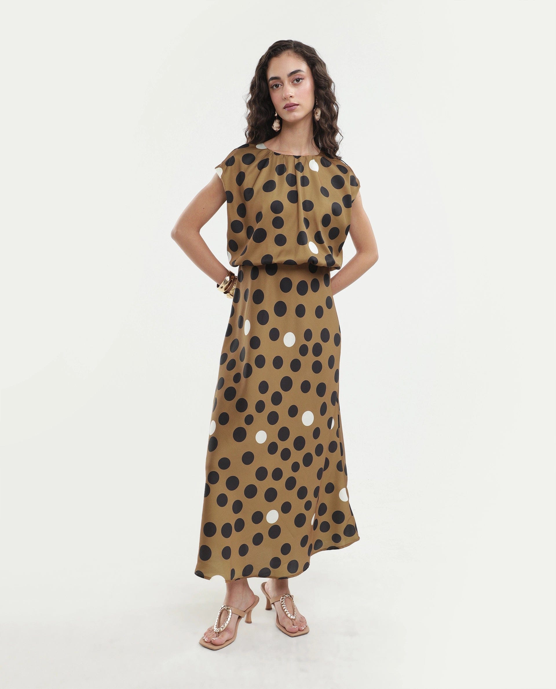Rareism Women's Polta Beige Polyester Crew Neck Button And Zip Fit And Flare Polka Print Dress