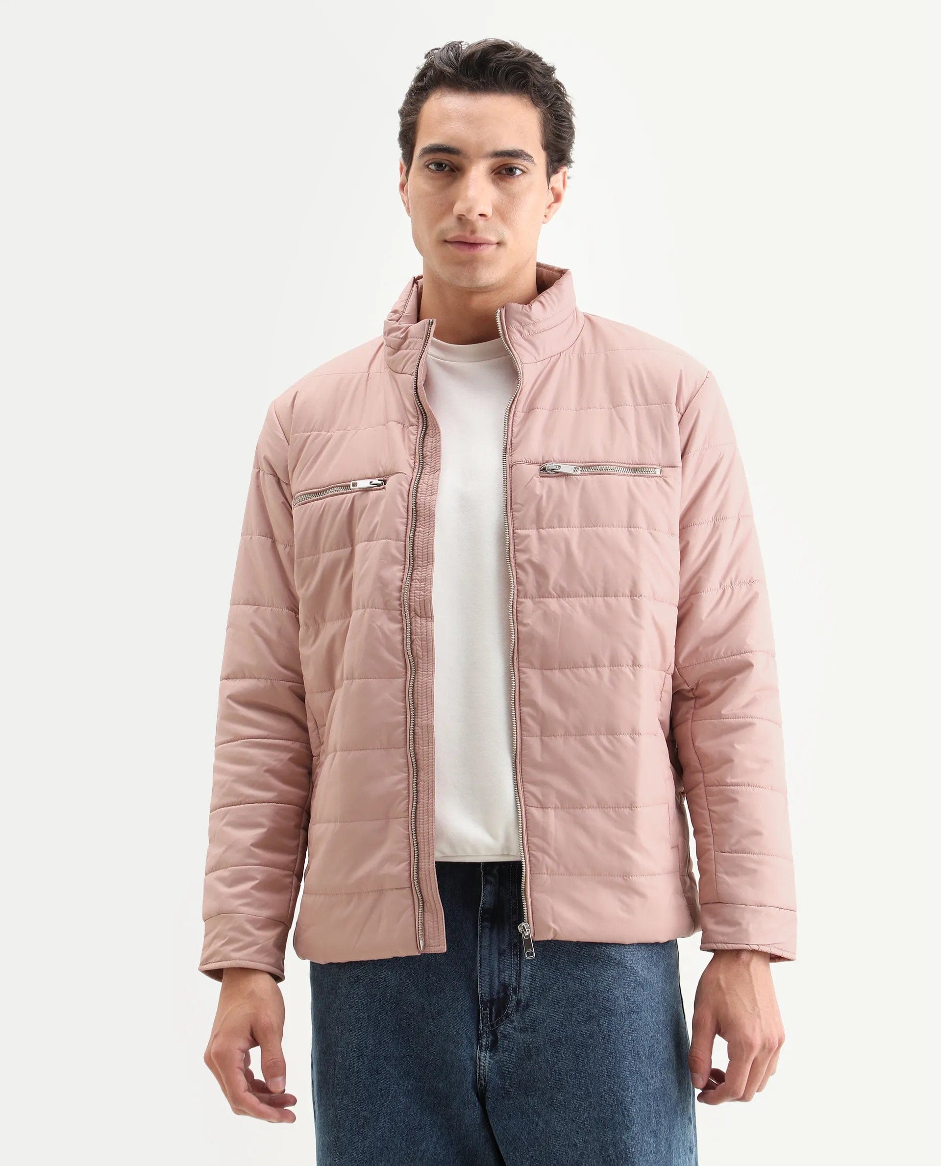 RARE Rabbit Men's Beylor Light Peach Polyester Plain Regular Fit Full Sleeve High Neck Jacket