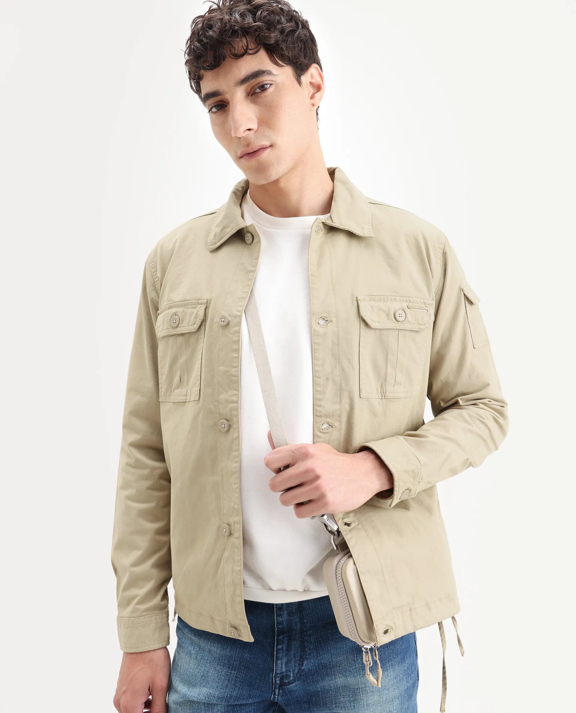 RARE Rabbit Men's Cedro Beige Cotton Plain Regular Fit Full Sleeve Spread Collar Jacket