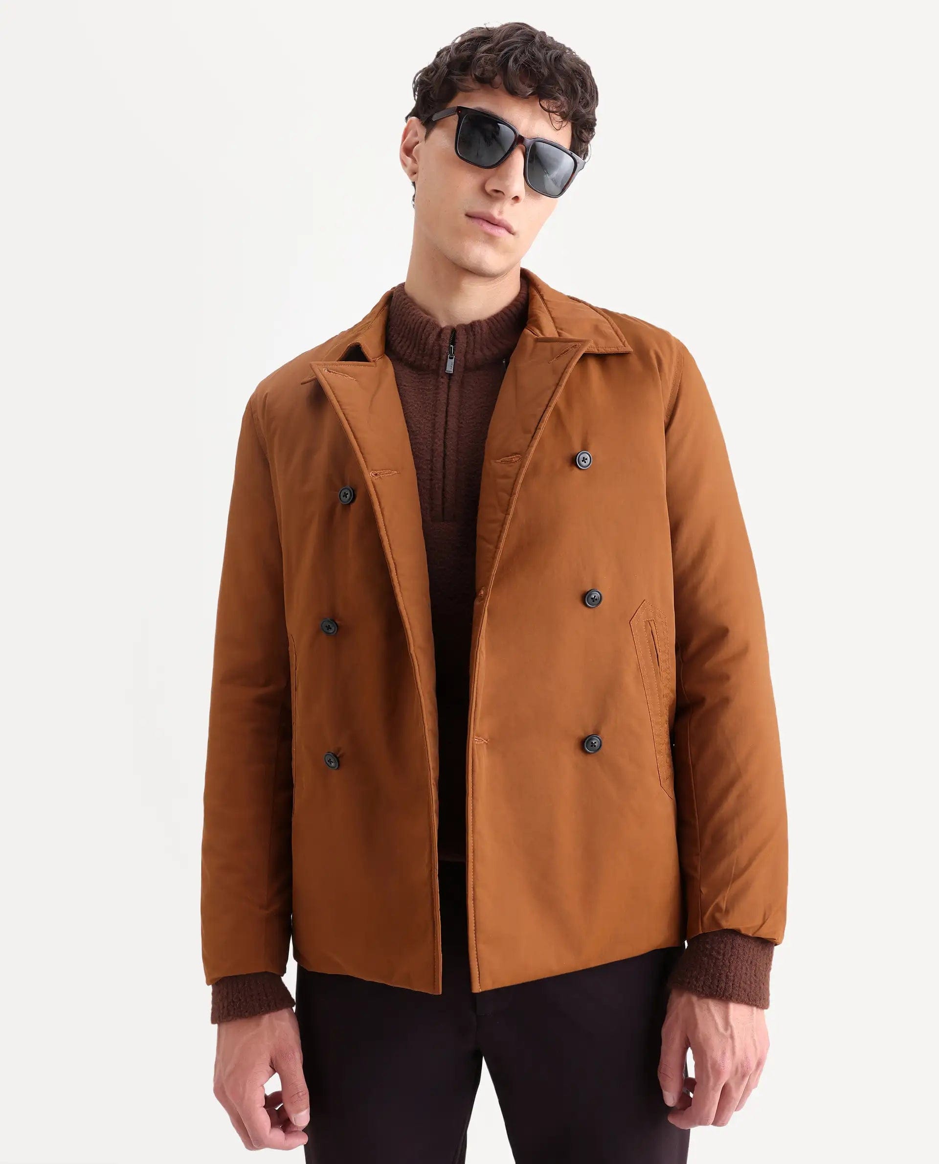 RARE Rabbit Men's Merjon Tan Nylon Plain Tailored Fit Full Sleeve Lapel Neck Jacket