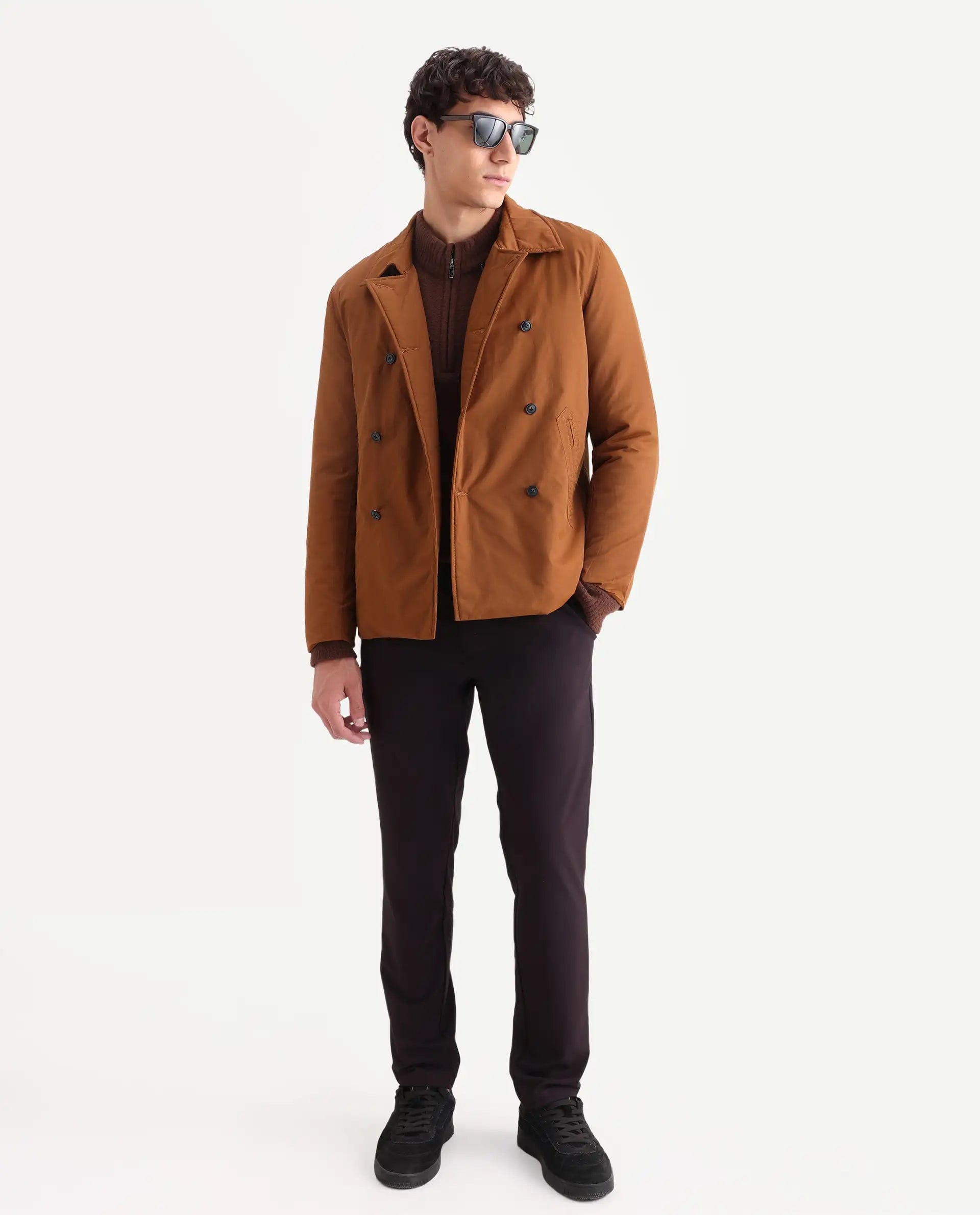 RARE Rabbit Men's Merjon Tan Nylon Plain Tailored Fit Full Sleeve Lapel Neck Jacket